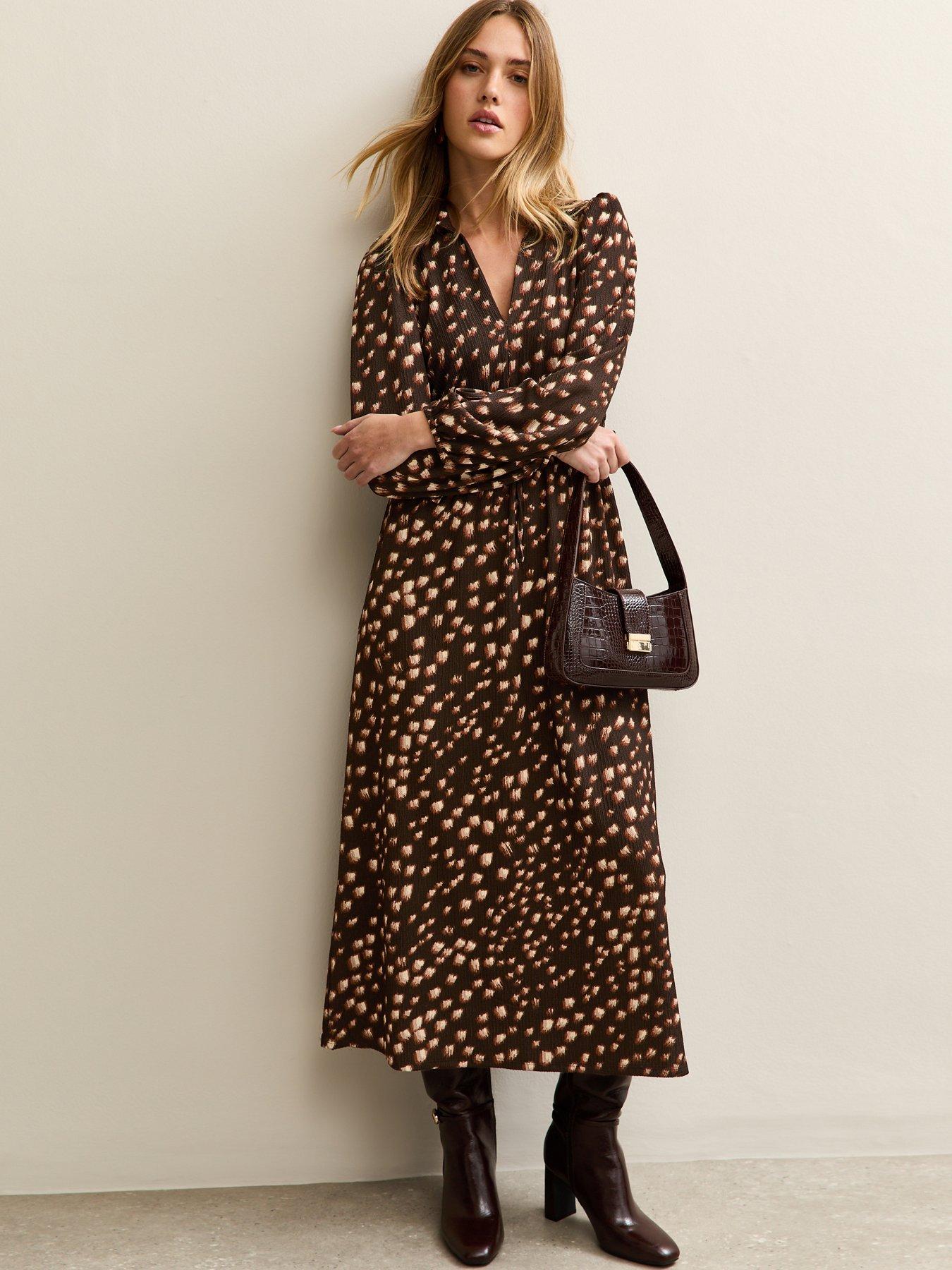Brown Crinkle Texture Printed Midi Shirt Dress - BROWN - 8