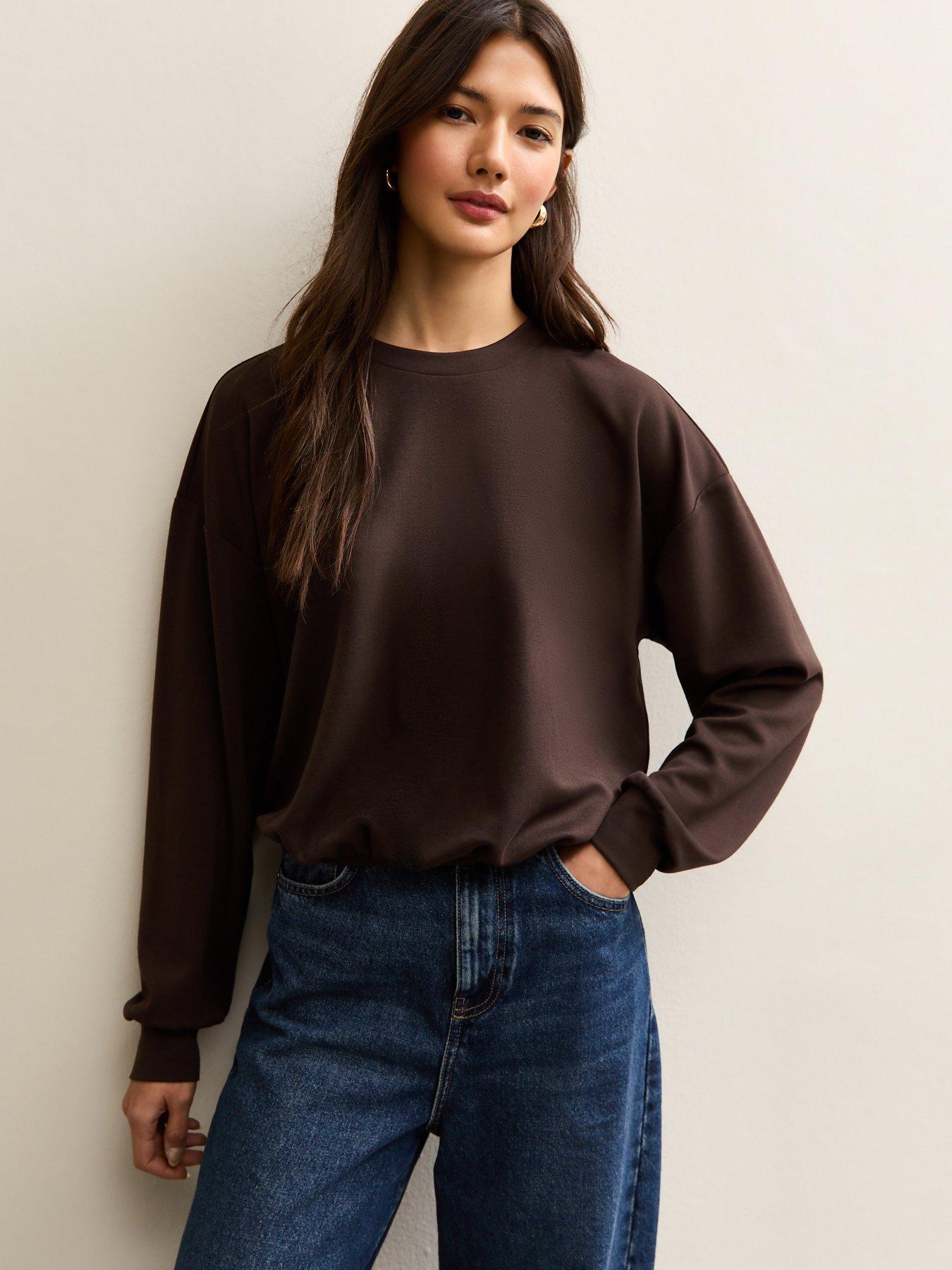 new-look-dark-brown-bubble-hem-sweatshirt