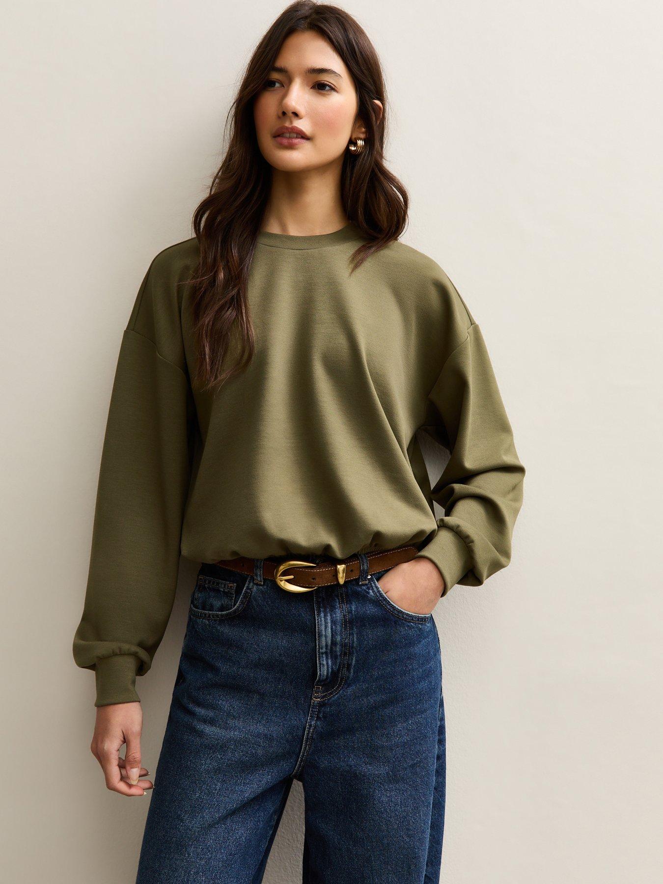new-look-dark-khaki-bubble-hem-sweatshirtfront