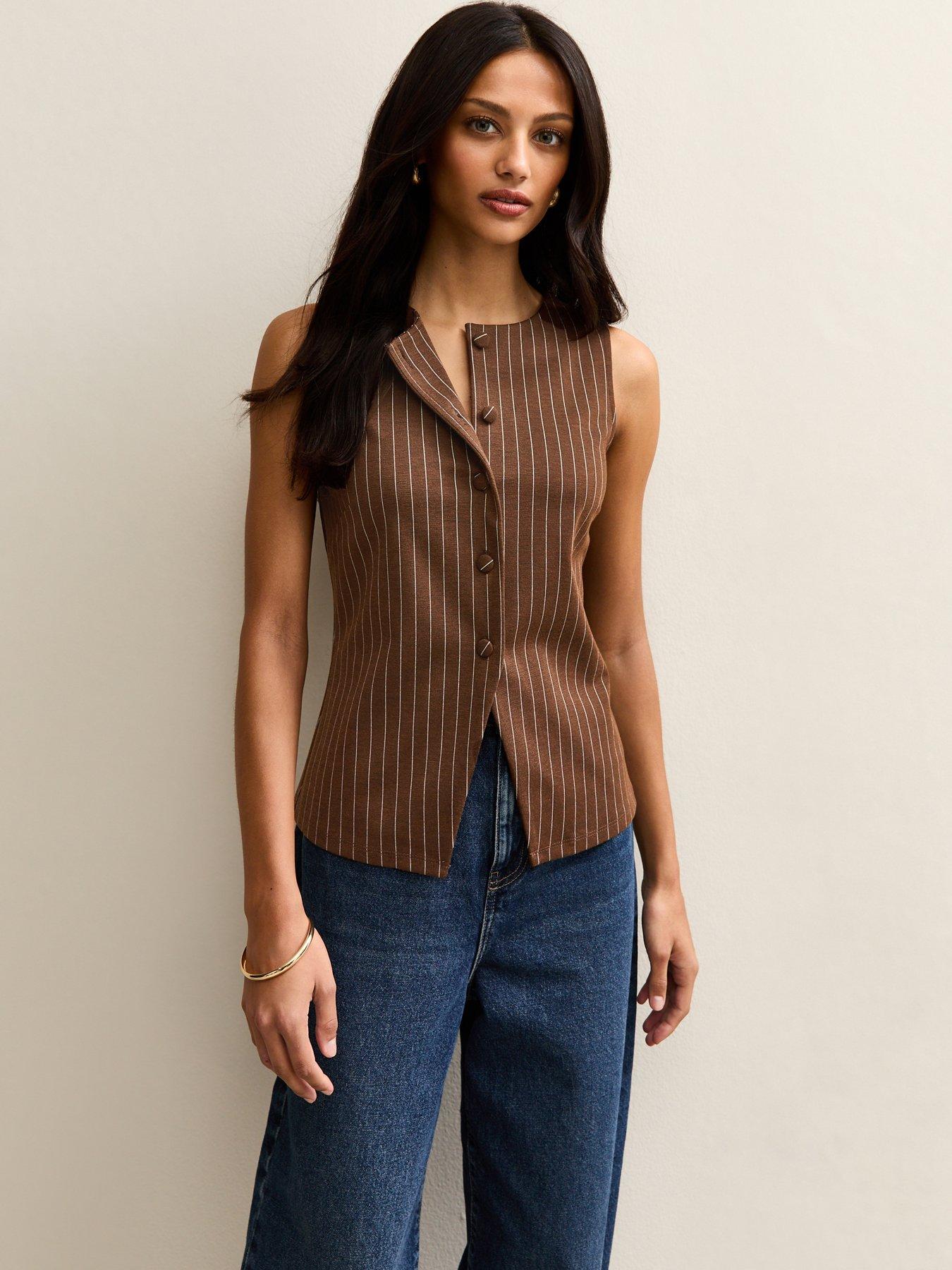 new-look-brown-soft-touch-pinstriped-waistcoat