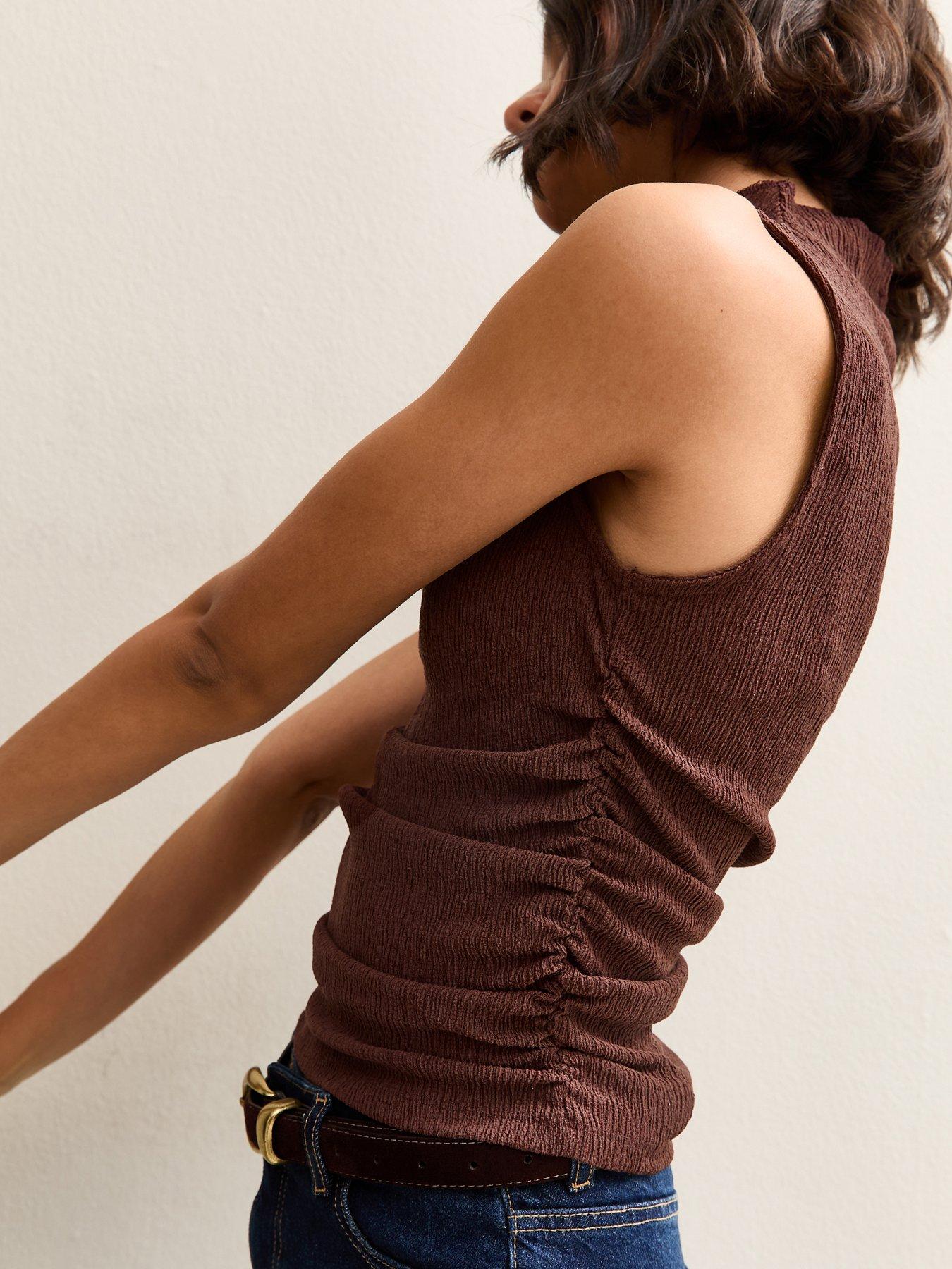new-look-brown-textured-jersey-ruched-tank-topdetail