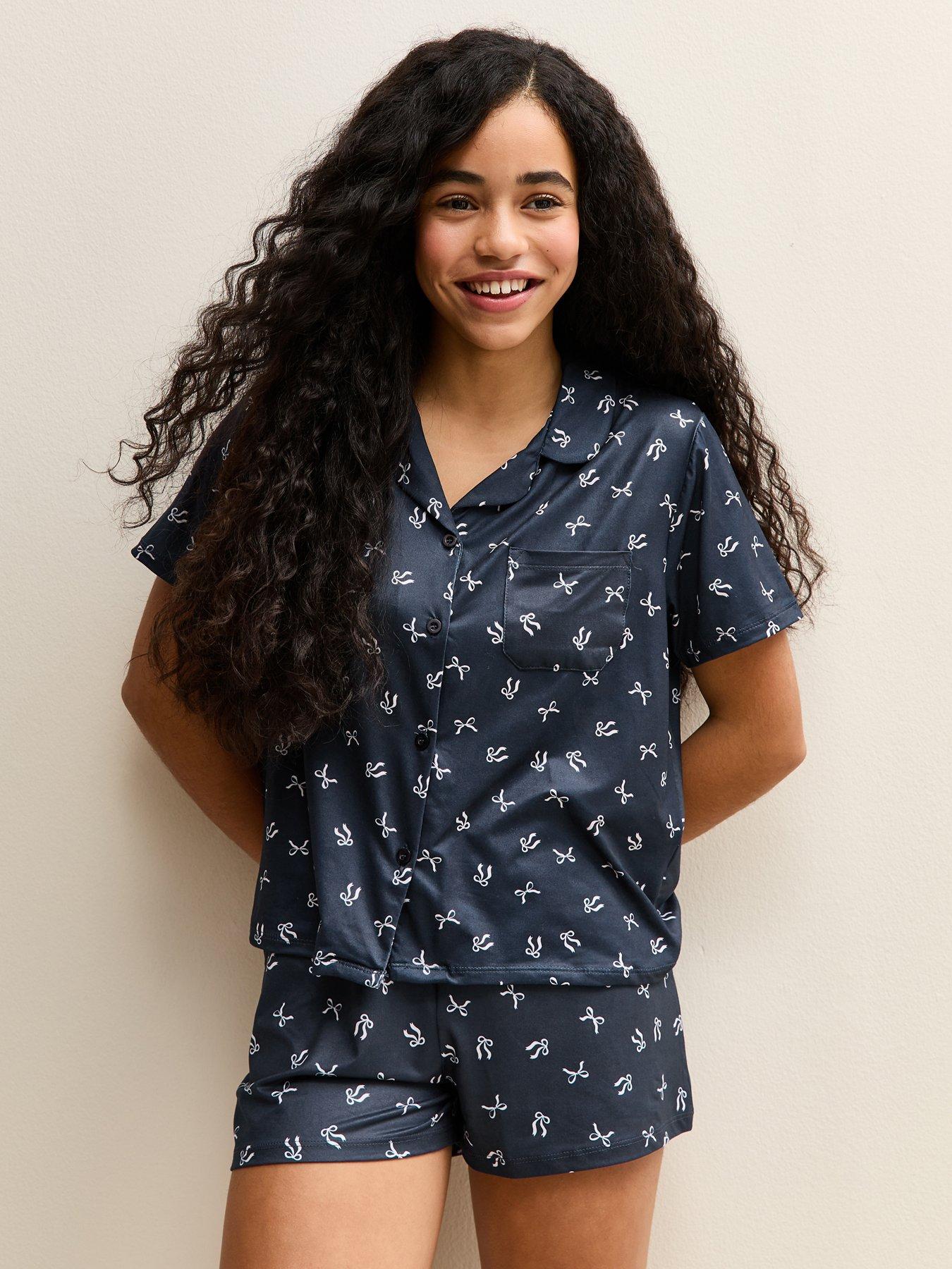 New Look 915 Girls Jersey Bow Print Shirt And Shorts Pyjama Set - Navy