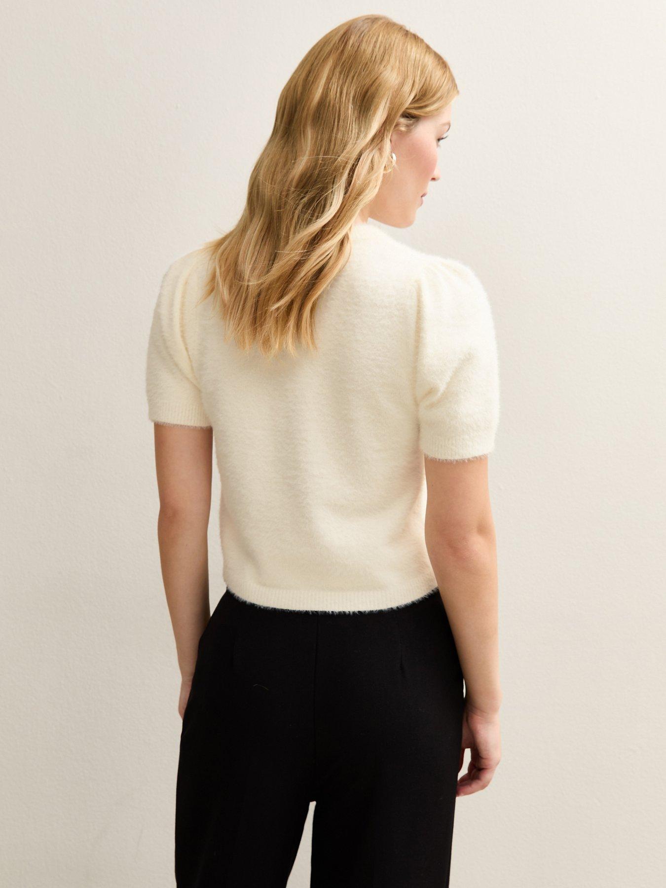 Image 2 of 5 of New Look White Fluffy Knit Puff Sleeve T-Shirt - Cream