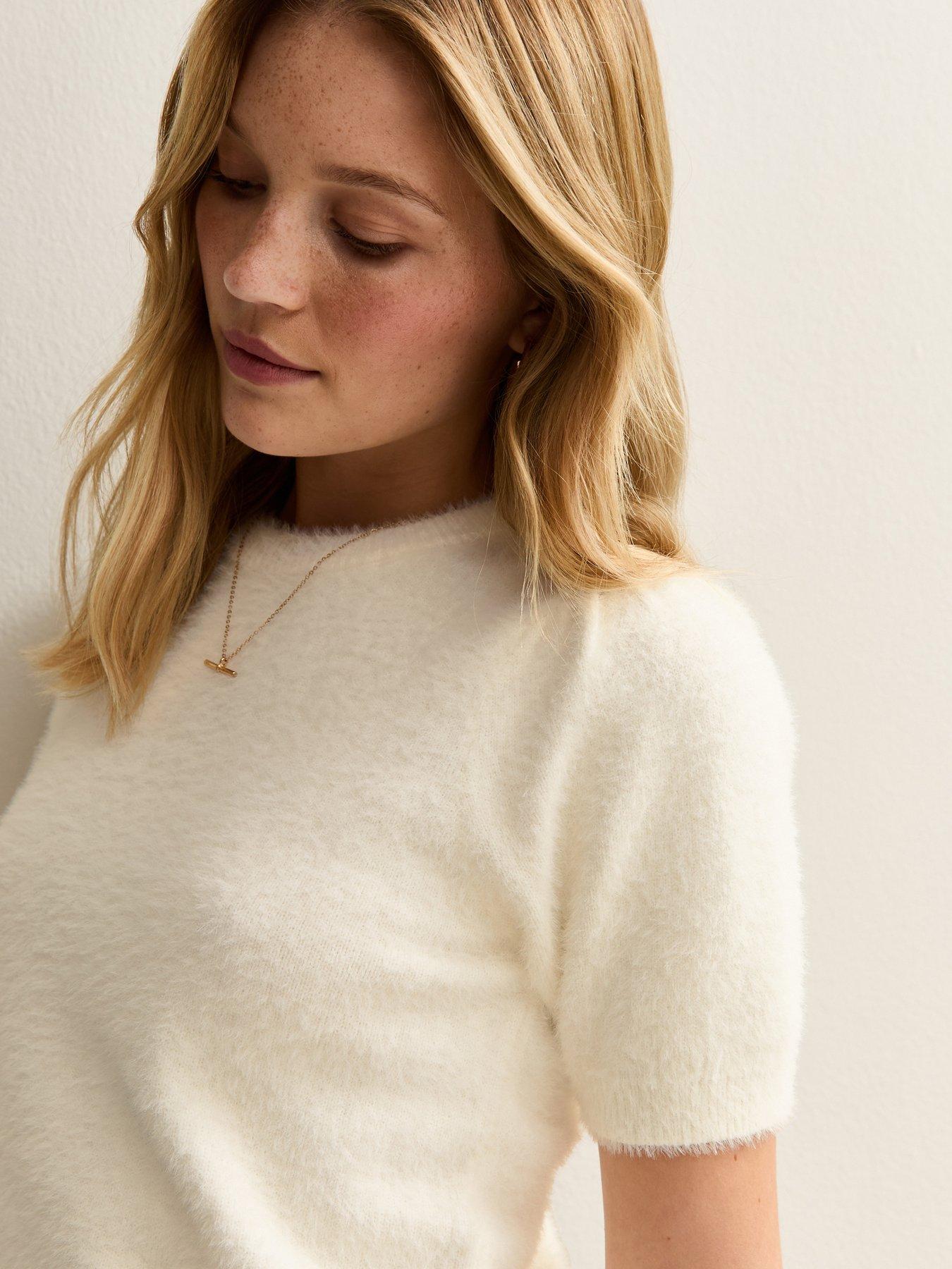 Image 5 of 5 of New Look White Fluffy Knit Puff Sleeve T-Shirt - Cream