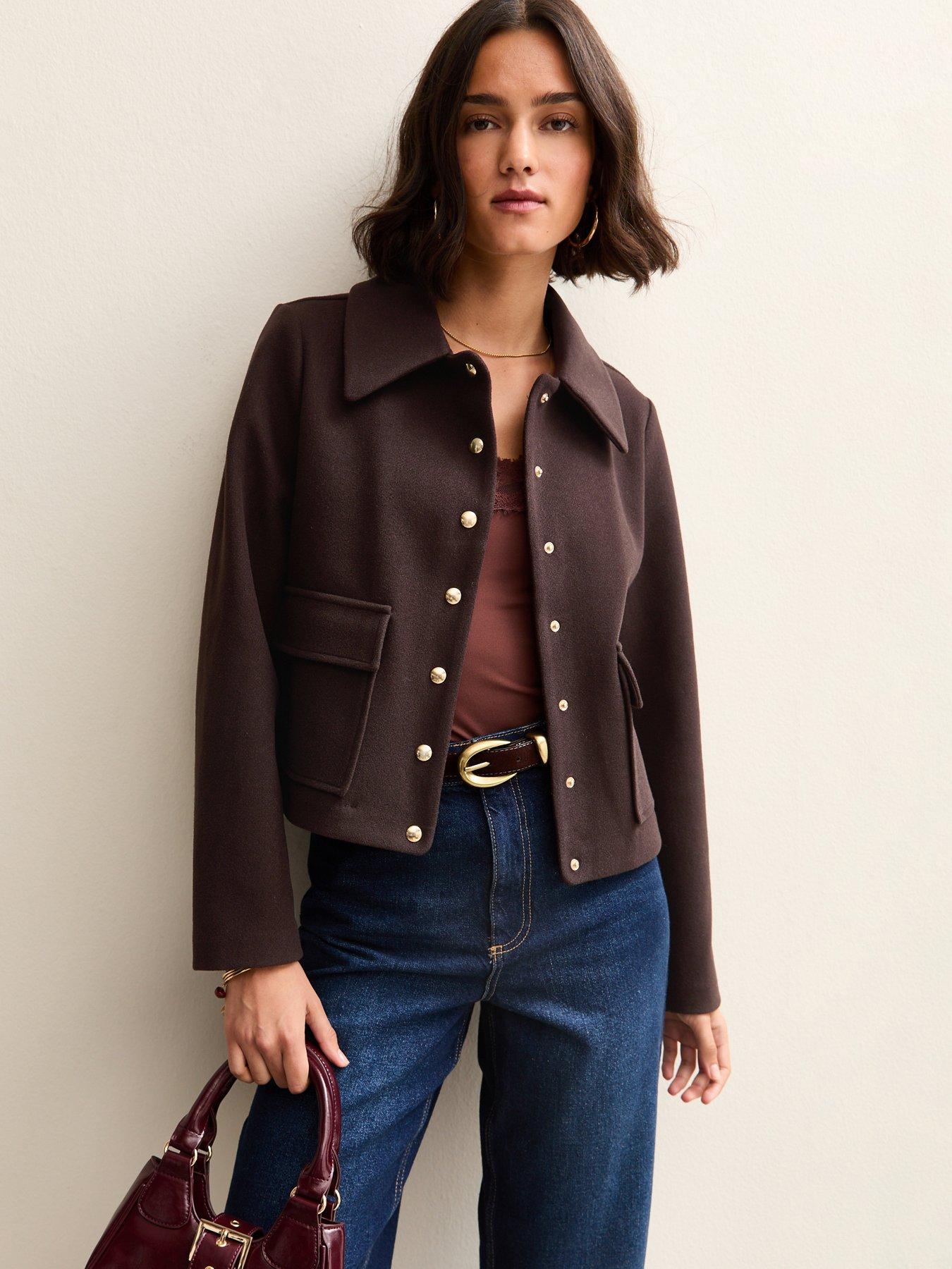 New Look Dark Brown Faux Fur Collar Short Shacket