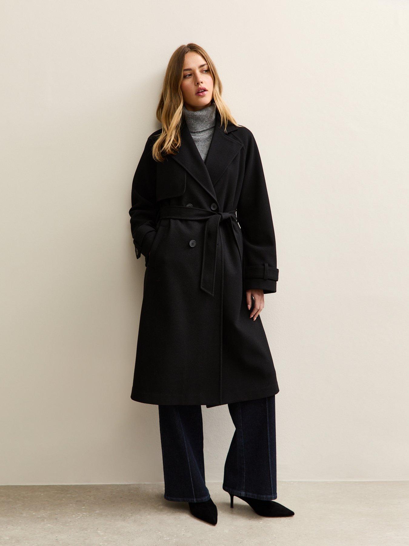 New Look Brushed Double Breasted Trench Coat - Black