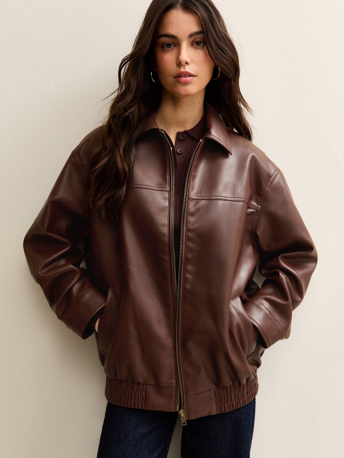 new-look-dark-brown-faux-leather-oversized-bomber-jacket