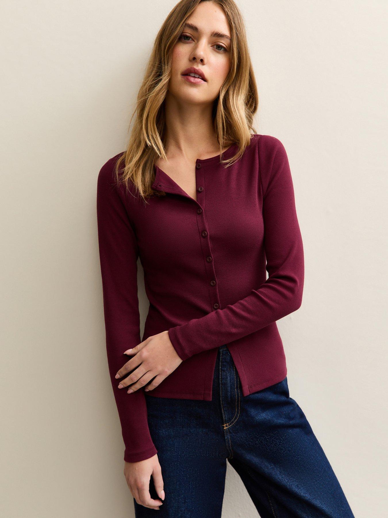 new-look-dark-burgundy-rib-button-up-long-sleeve-top