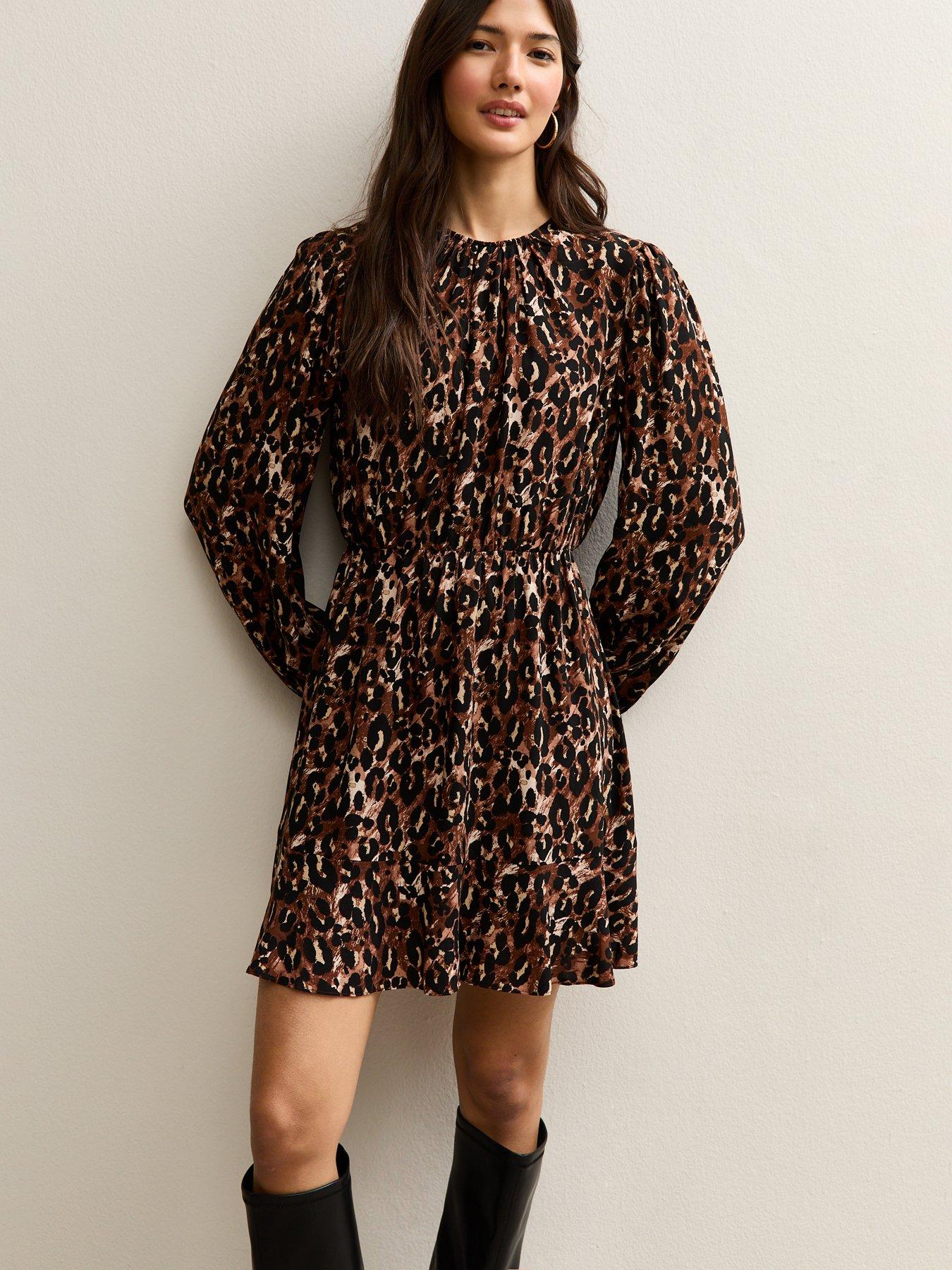 New Look Brown Animal Print Flared Hem Mini Dress
