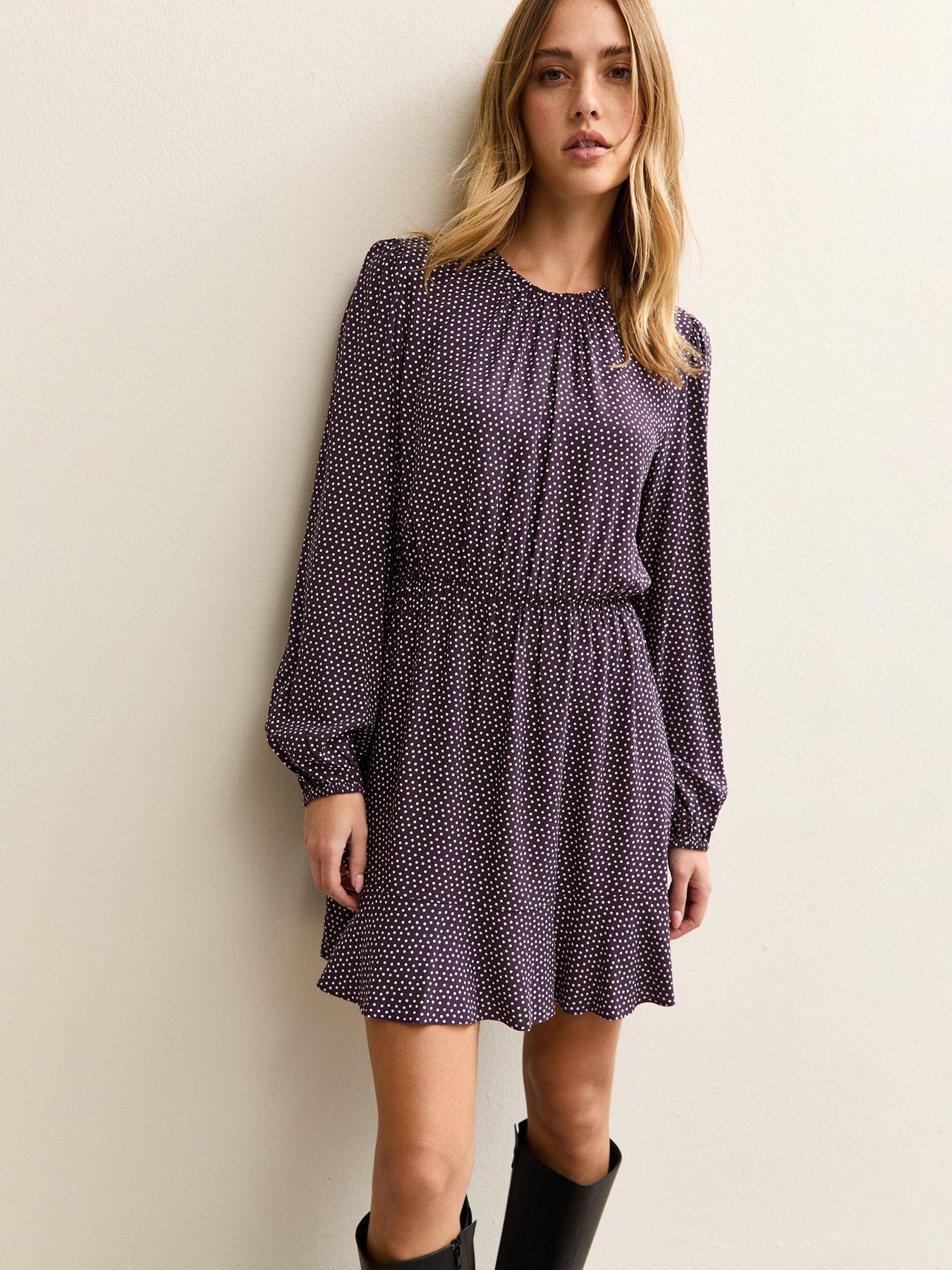 Image 1 of 4 of New Look Spotty Flared Hem Mini Dress - Purple