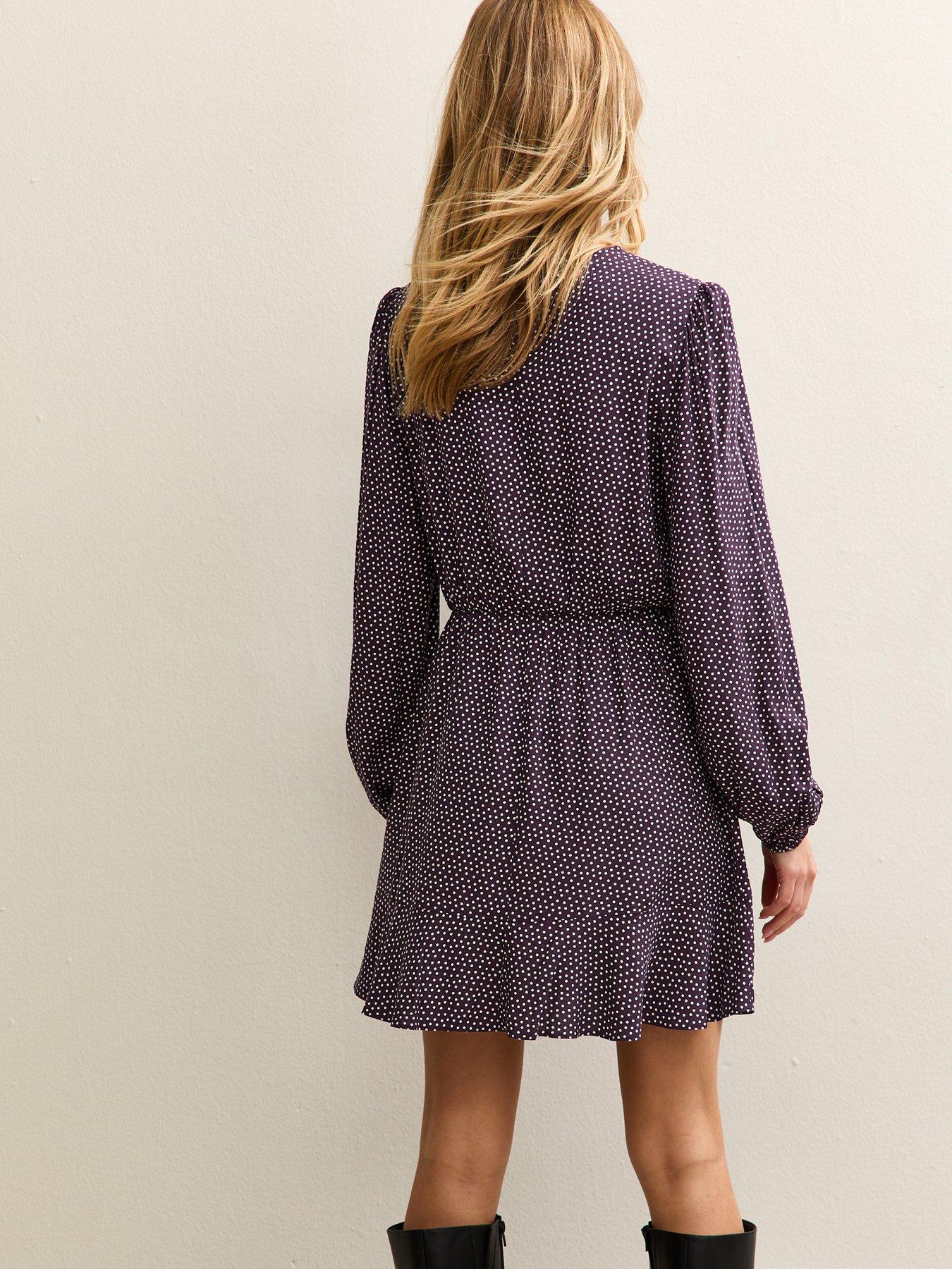 Image 2 of 4 of New Look Spotty Flared Hem Mini Dress - Purple
