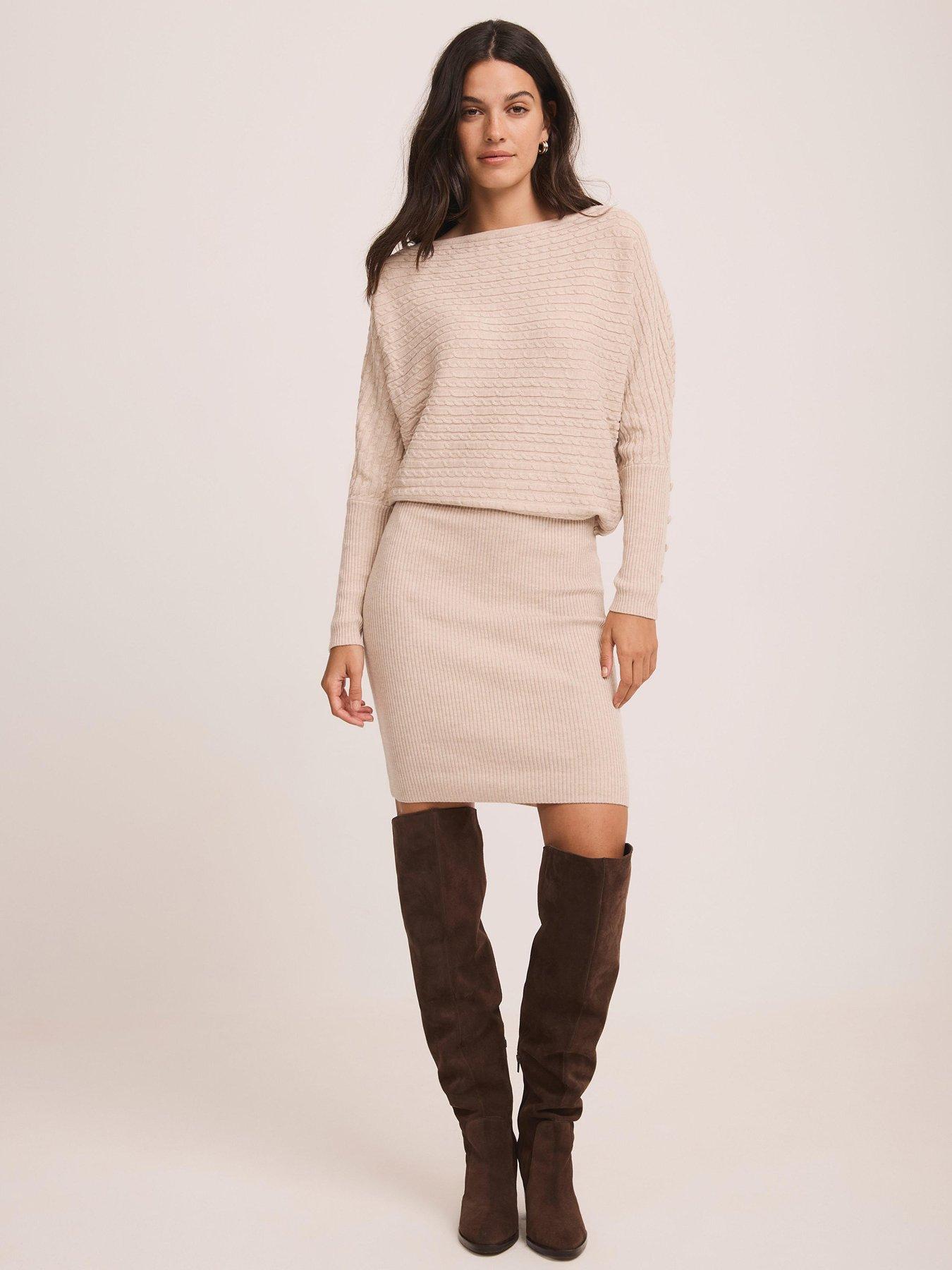 Image 2 of 6 of Mint Velvet Neutral Cable Batwing Dress - Cream