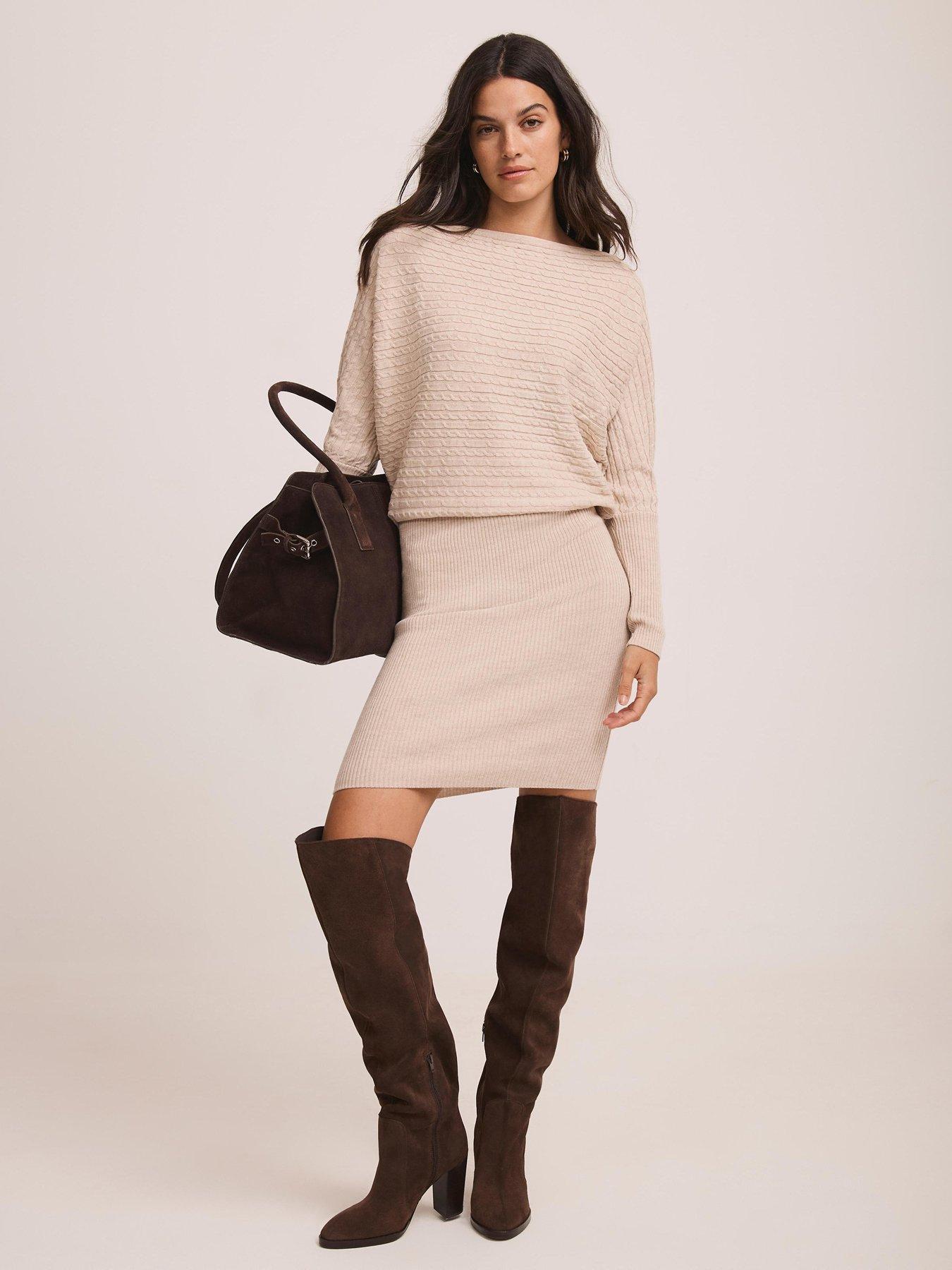 Image 4 of 6 of Mint Velvet Neutral Cable Batwing Dress - Cream