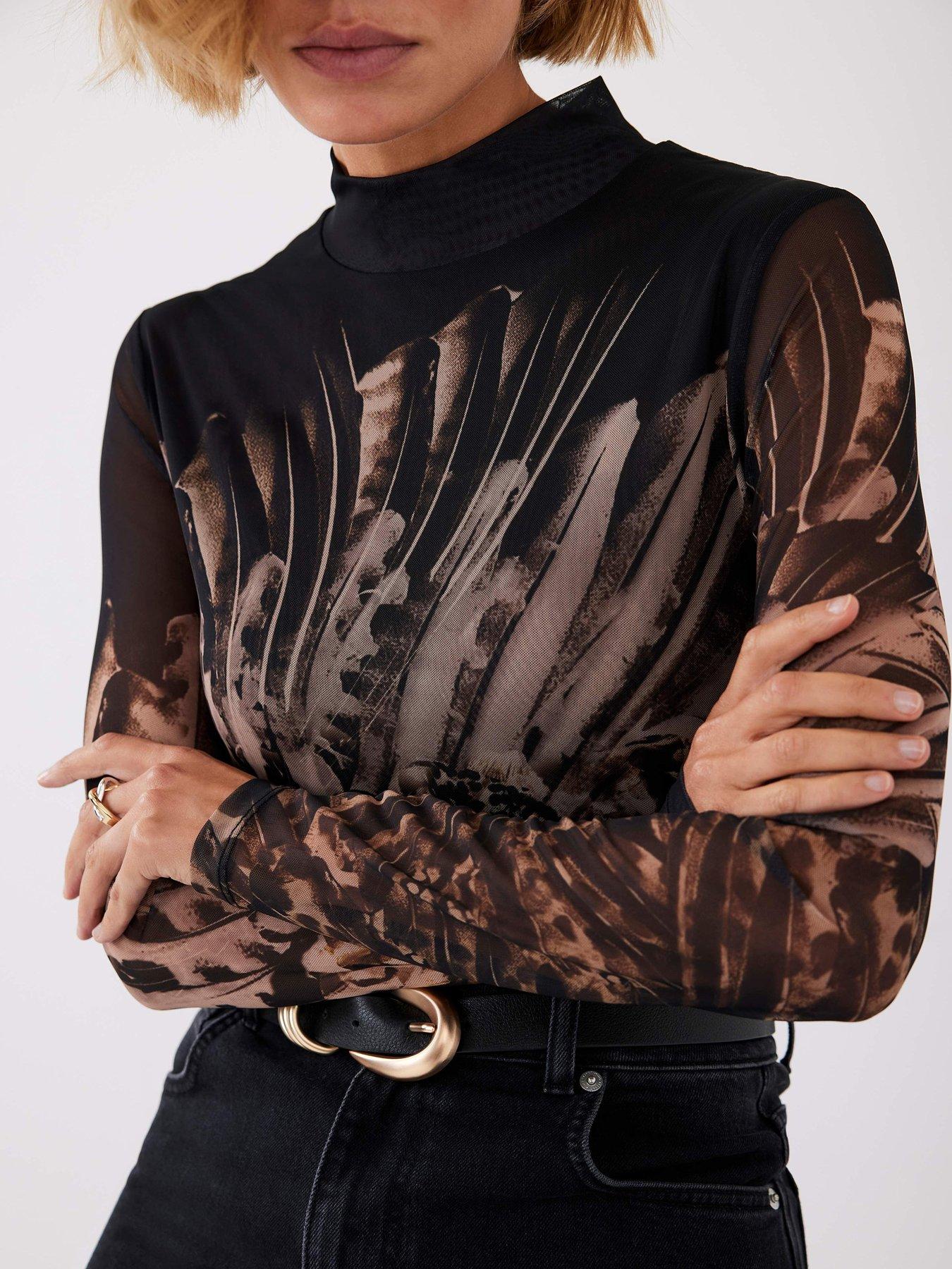 Image 4 of 6 of Mint Velvet Abstract Print Mesh Top - Black/Gold