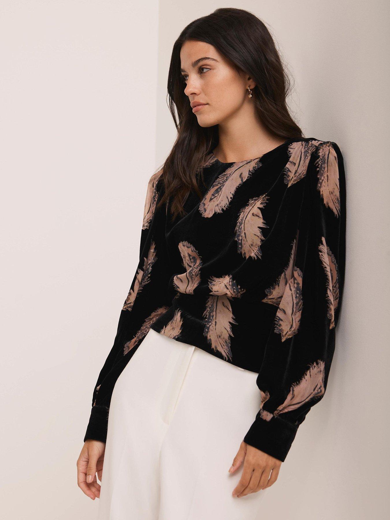 mint-velvet-feather-print-top-blackfront