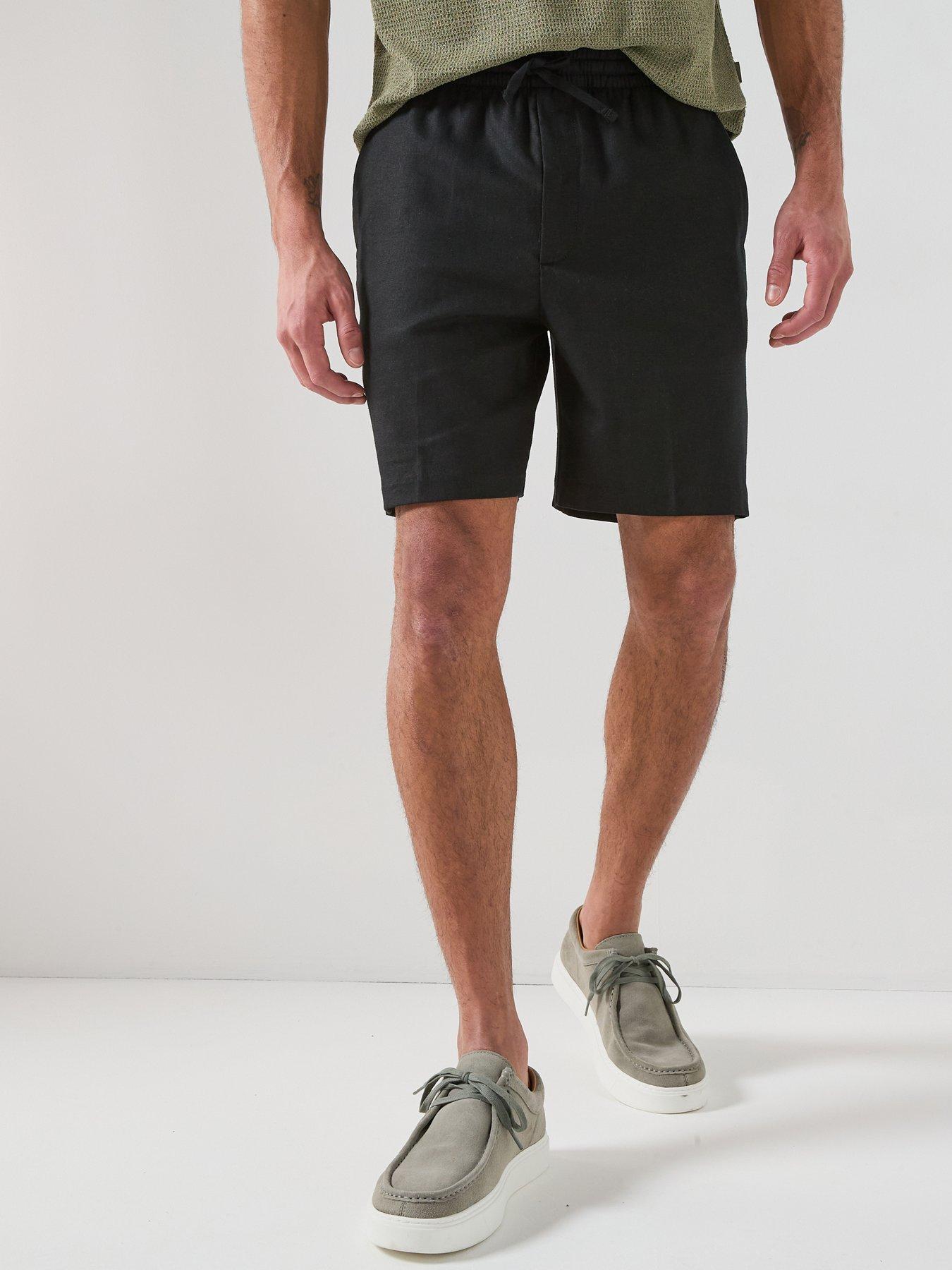 calvin-klein-straight-fit-linen-shorts-blackfront