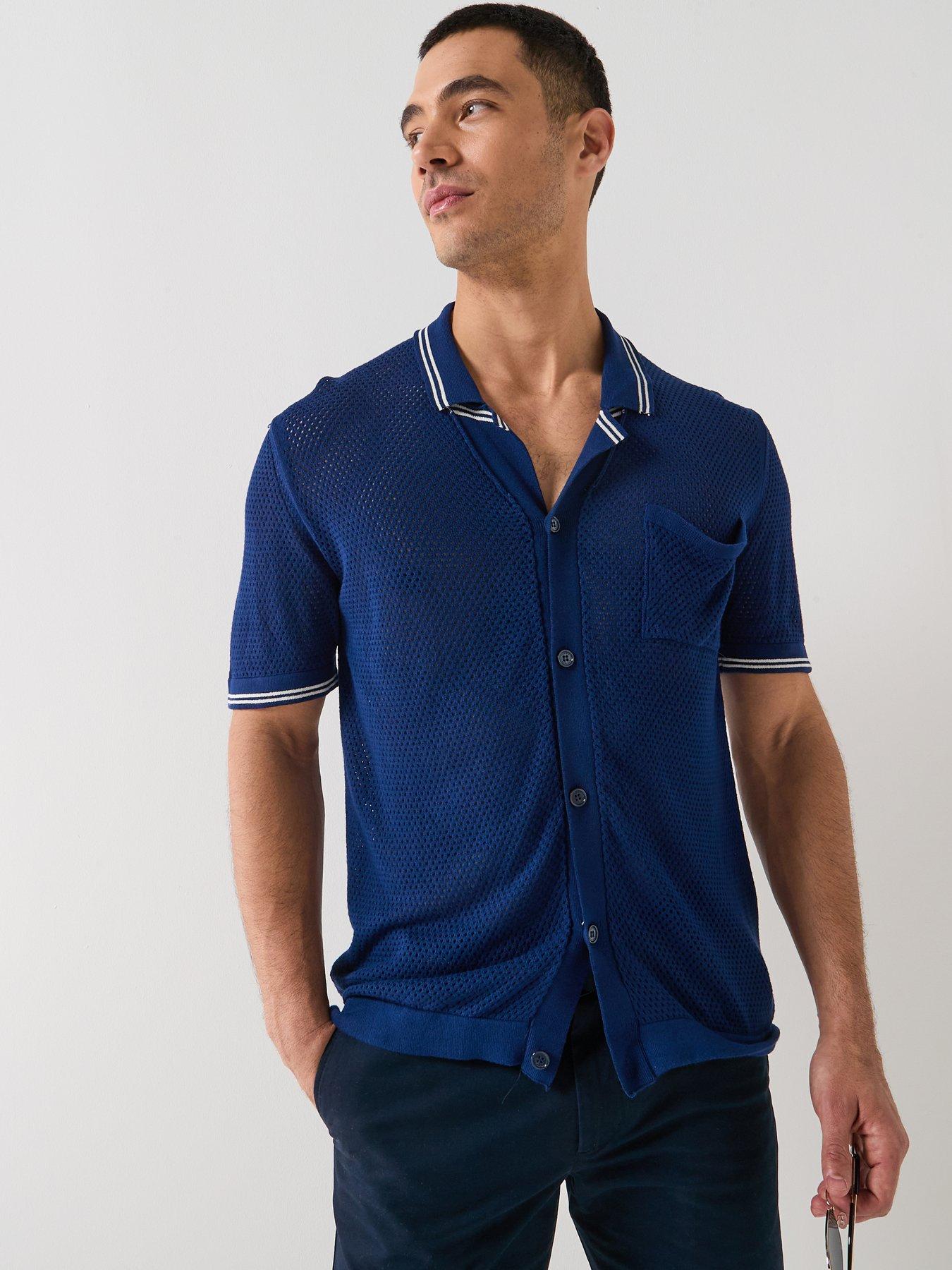 Image 1 of 5 of Tommy Hilfiger Frame Open Knitted Short Sleeve Shirt - Navy