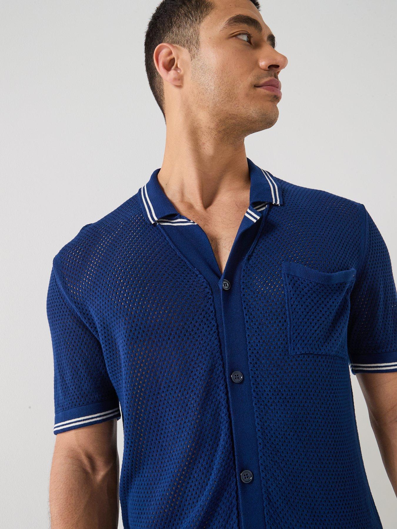 Image 4 of 5 of Tommy Hilfiger Frame Open Knitted Short Sleeve Shirt - Navy