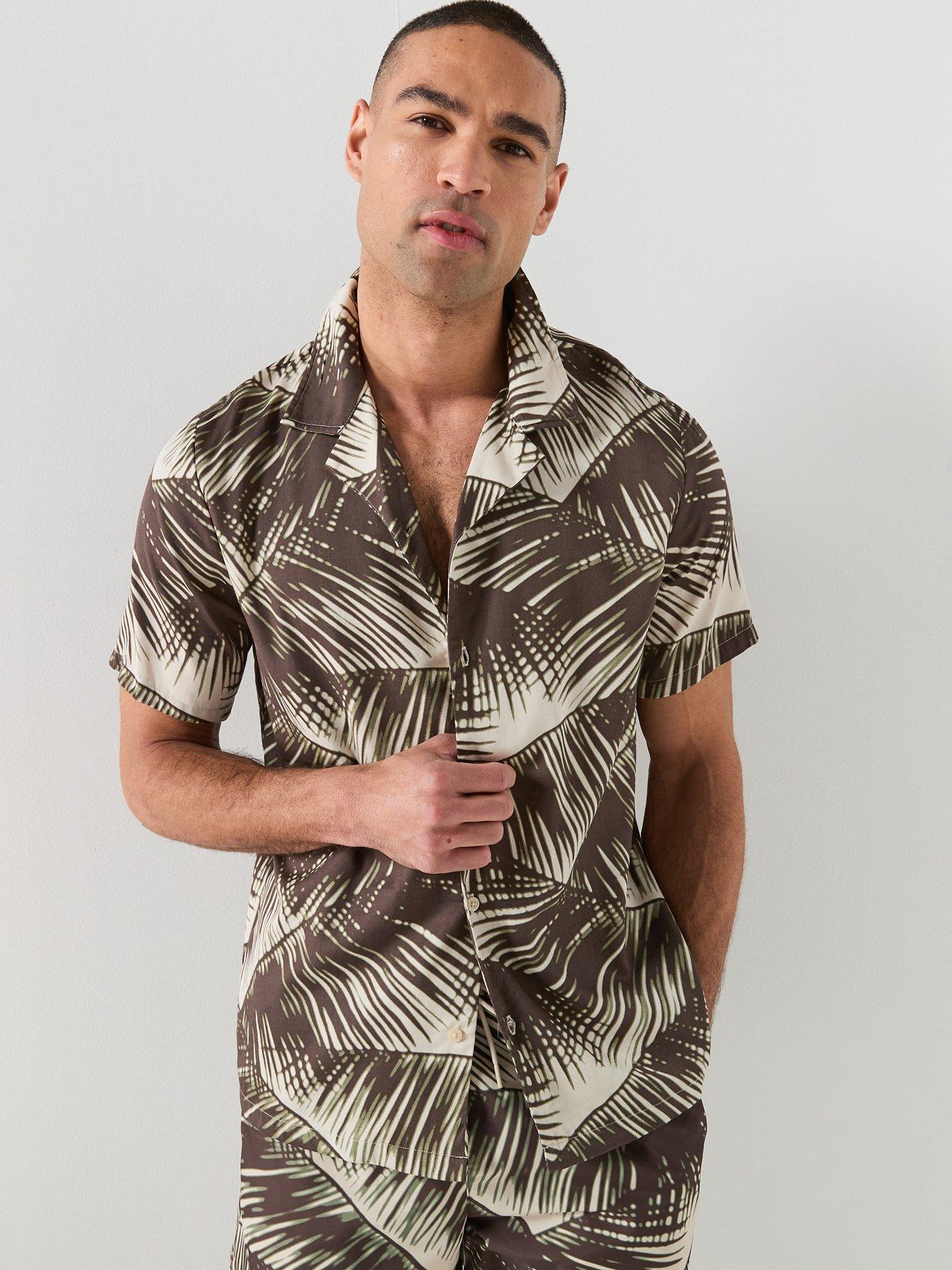 Calvin Klein Essential Beach Palm Leaf Printed Short Sleeve Shirt - Brown