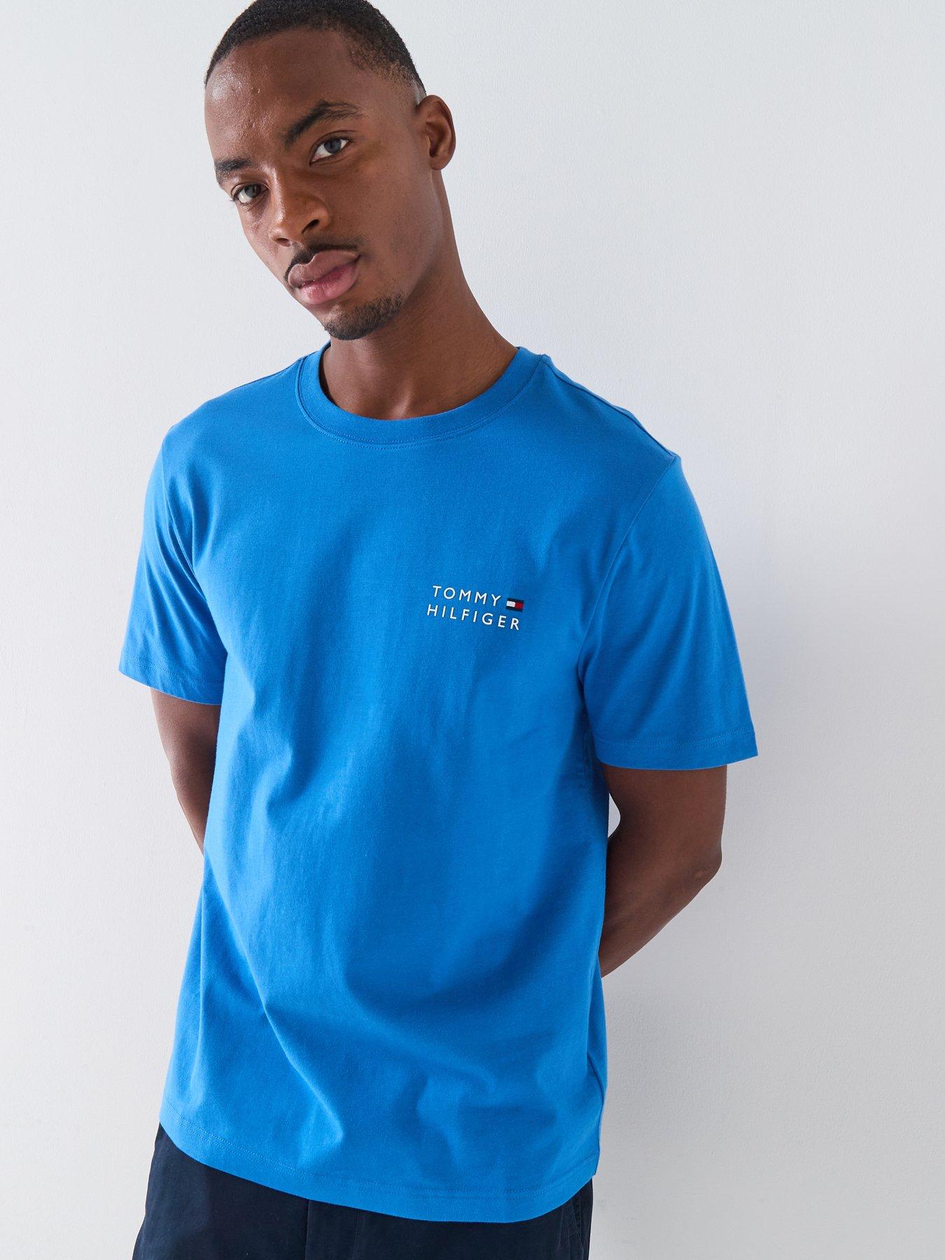 Image 1 of 5 of Tommy Hilfiger Embroidered Stacked Logo Back Print T-Shirt - Blue