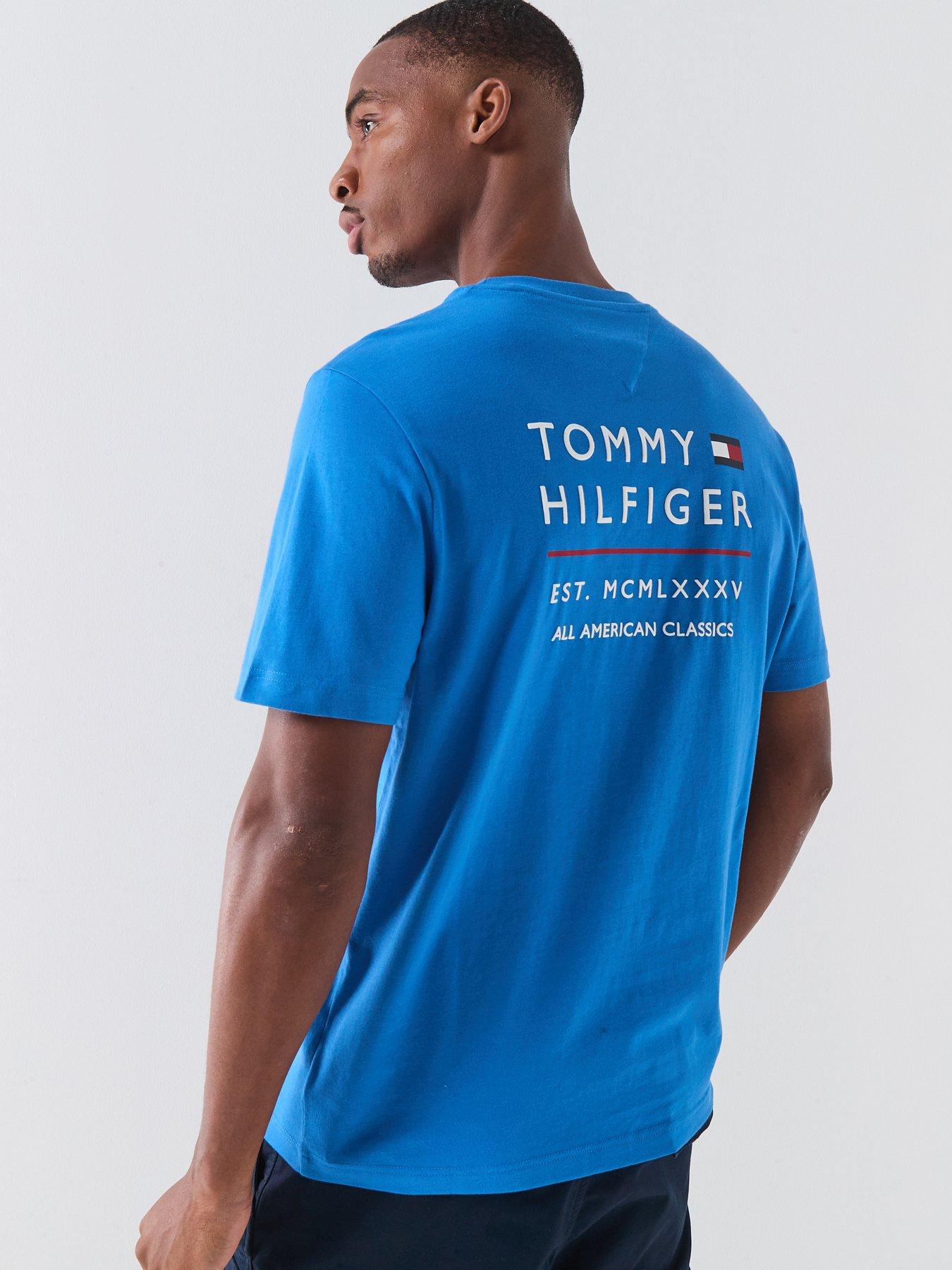 Image 2 of 5 of Tommy Hilfiger Embroidered Stacked Logo Back Print T-Shirt - Blue