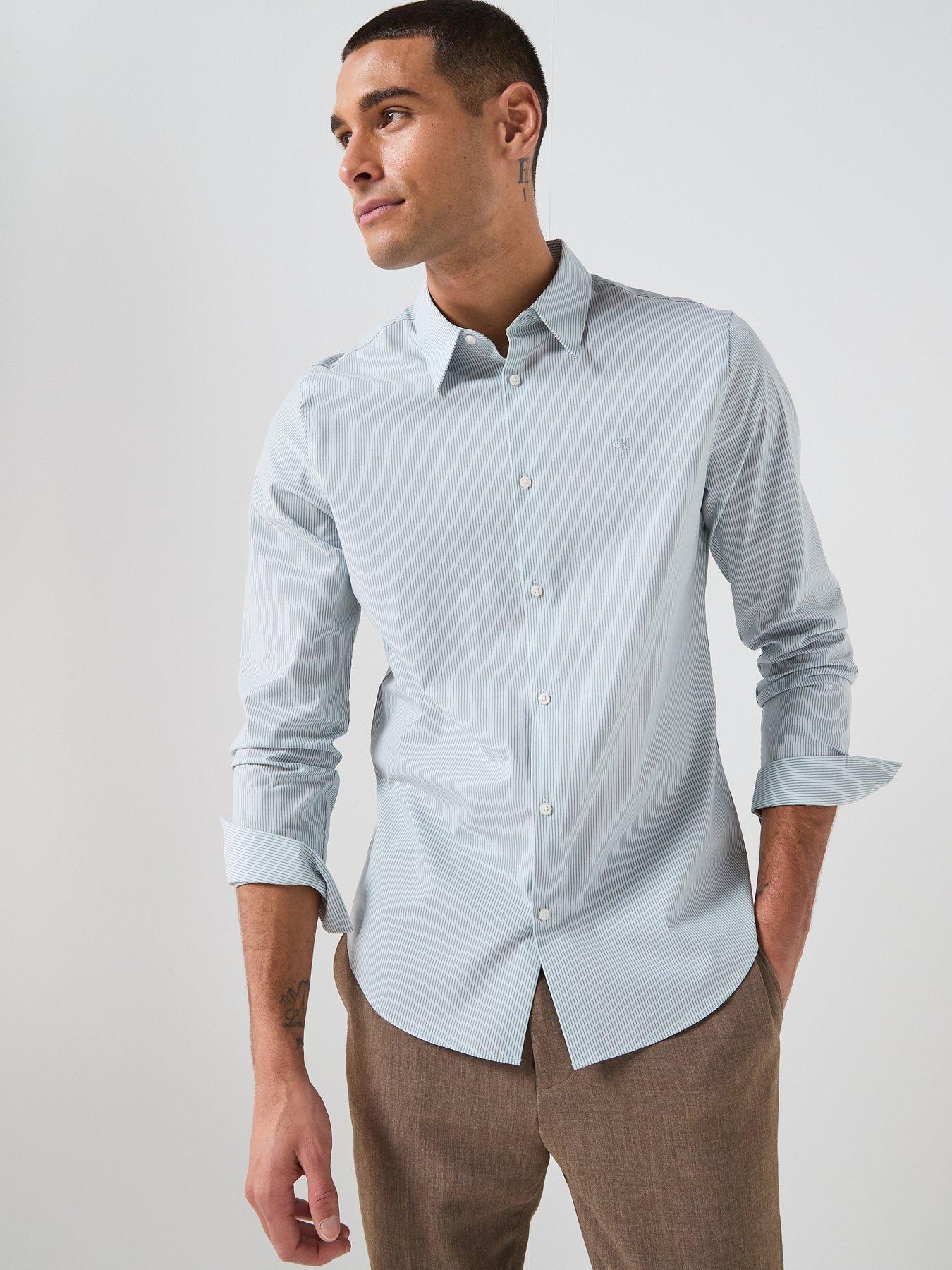 Image 1 of 6 of Calvin Klein Thin Stripe Stretch Slim Shirt - Light Blue