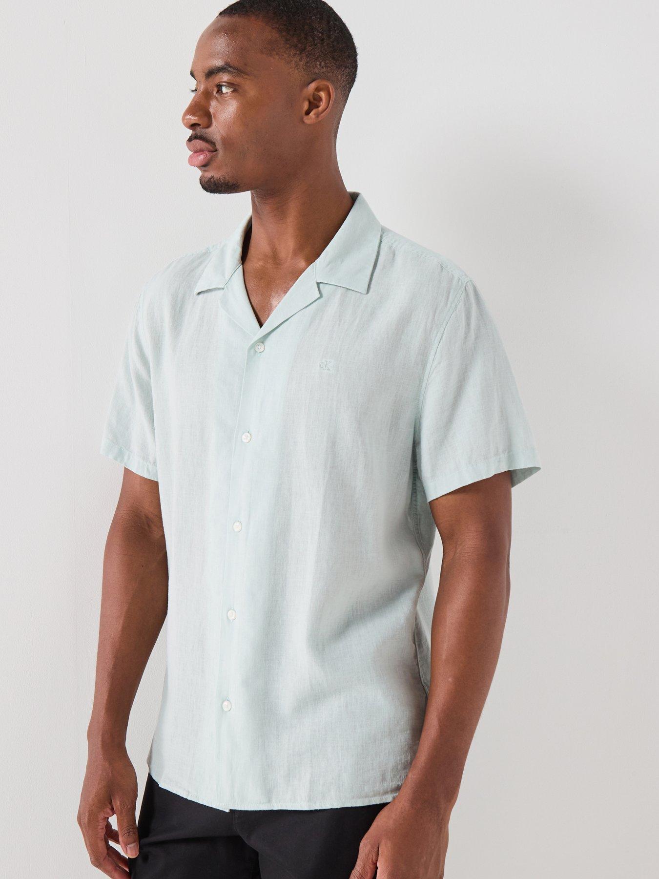 Calvin Klein Camp Collar Linen Short Sleeve Shirt - Green