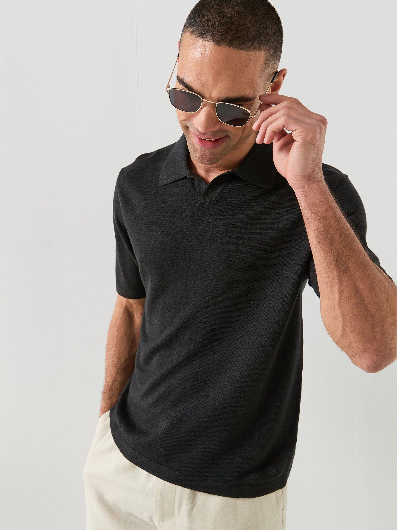 Calvin Klein Calvin Klein Open Collar Linen Blend Knitted Polo Shirt - Black