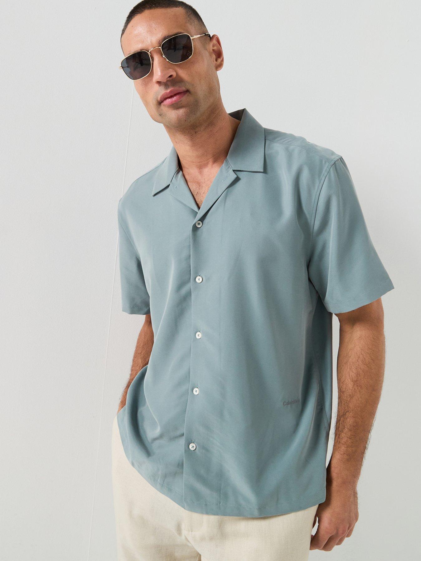 Image 1 of 6 of Calvin Klein Drapey&nbsp;Open Collar Short Sleeve Shirt - Blue