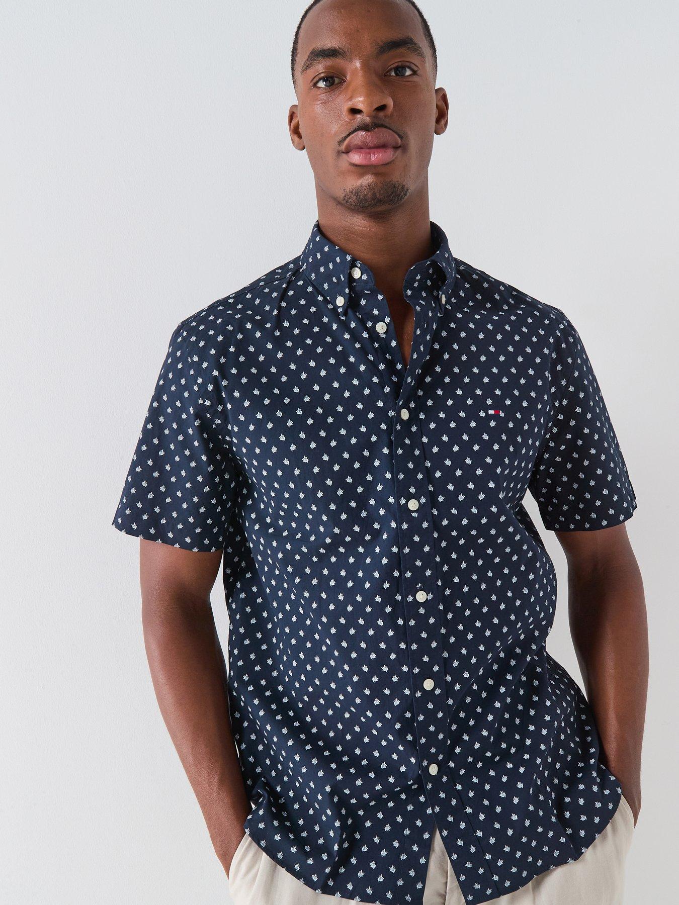 tommy-hilfiger-micro-pattern-button-down-short-sleeve-shirt-navyfront