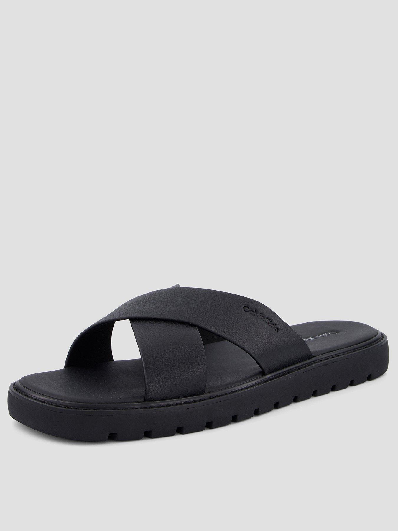 Image 1 of 7 of Calvin Klein Square Toe Cross-Strap Moulded Leather Sandal - Black