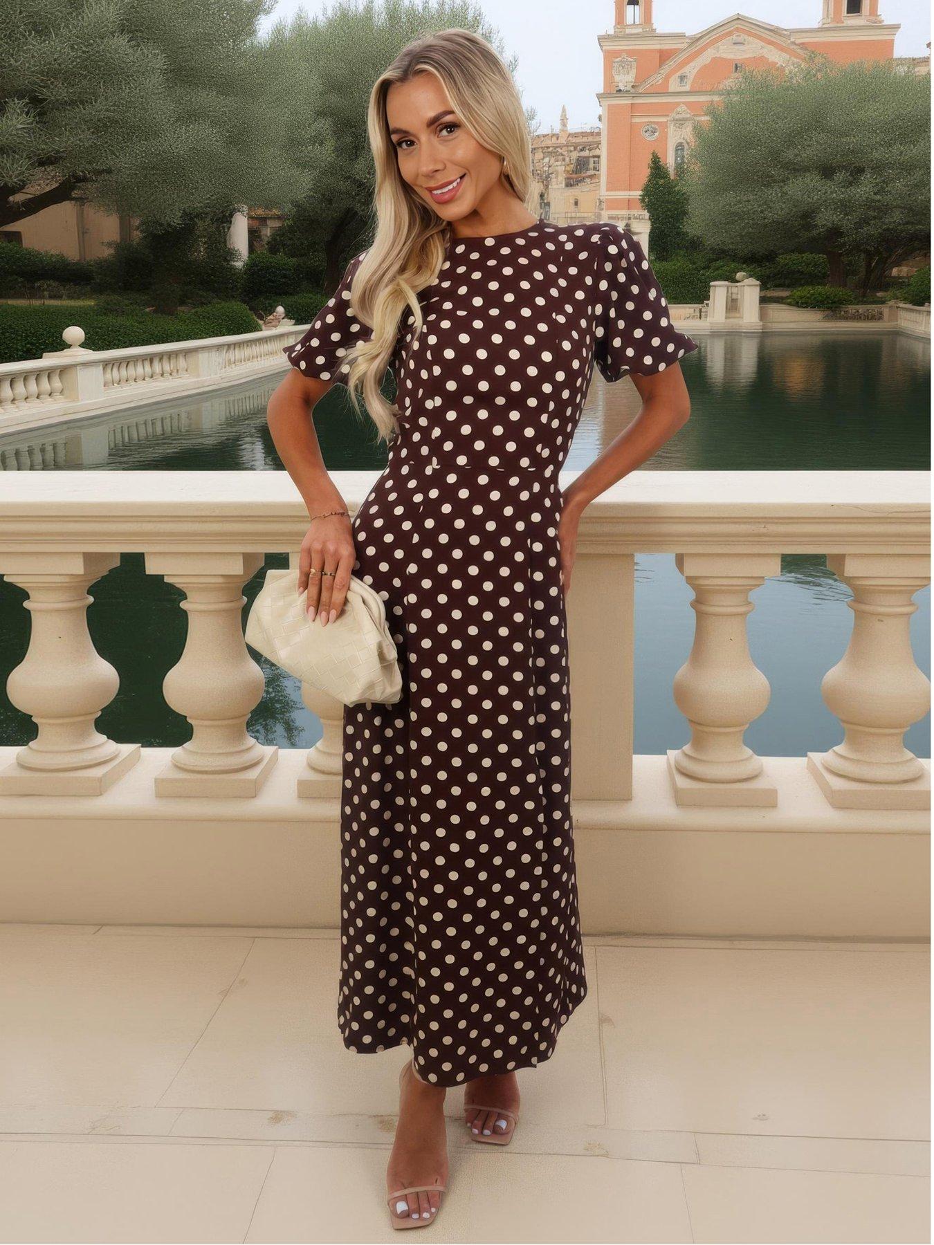 ax-paris-polka-dot-print-puff-sleeve-midi-dress-brown