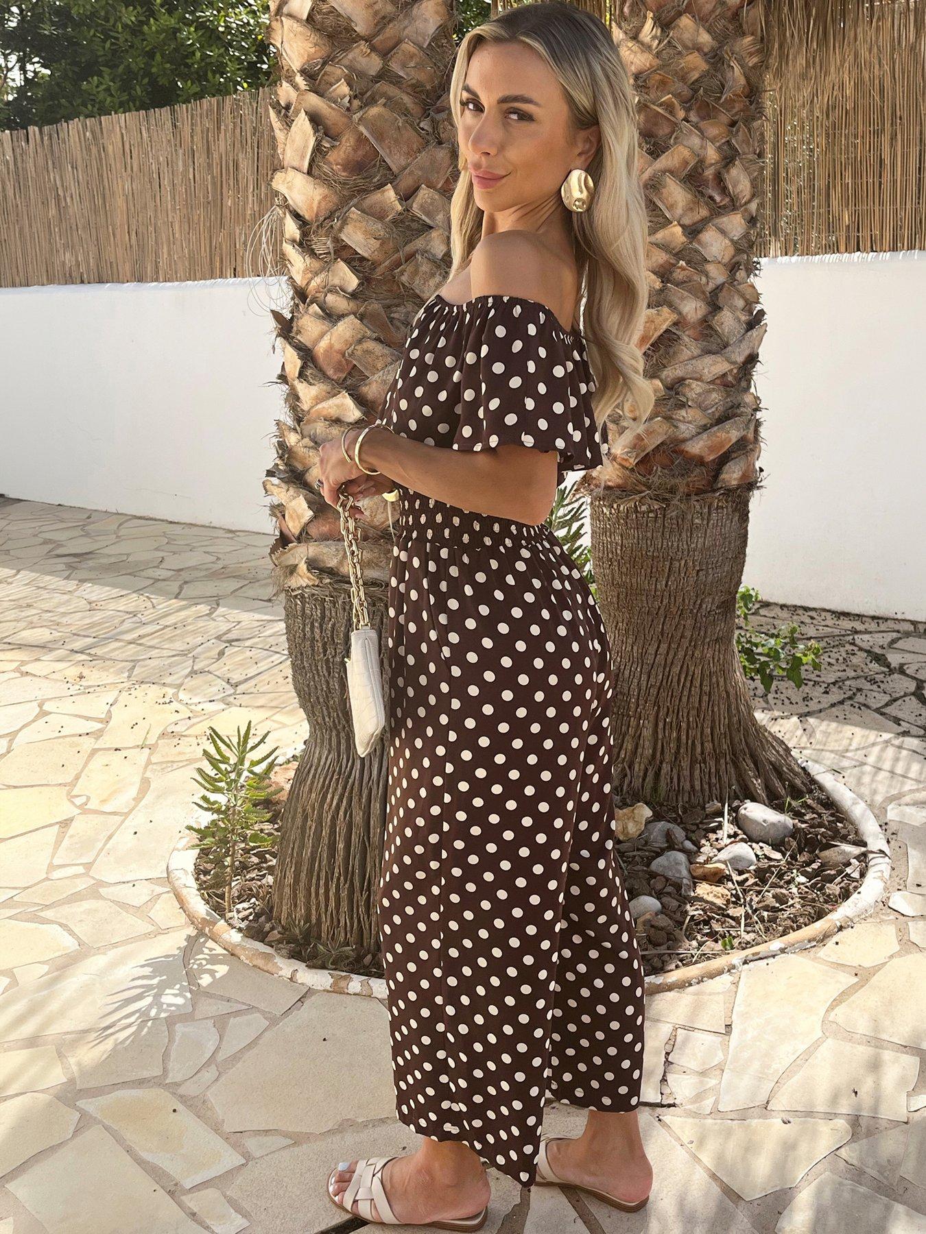 Image 4 of 4 of AX Paris Polka Dot Bardot Frill Culotte Jumpsuit - Brown