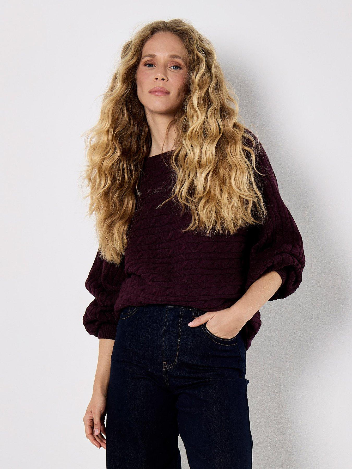 Image 1 of 5 of Apricot Cable Stripe Batwing Aran Knit Jumper - Purple