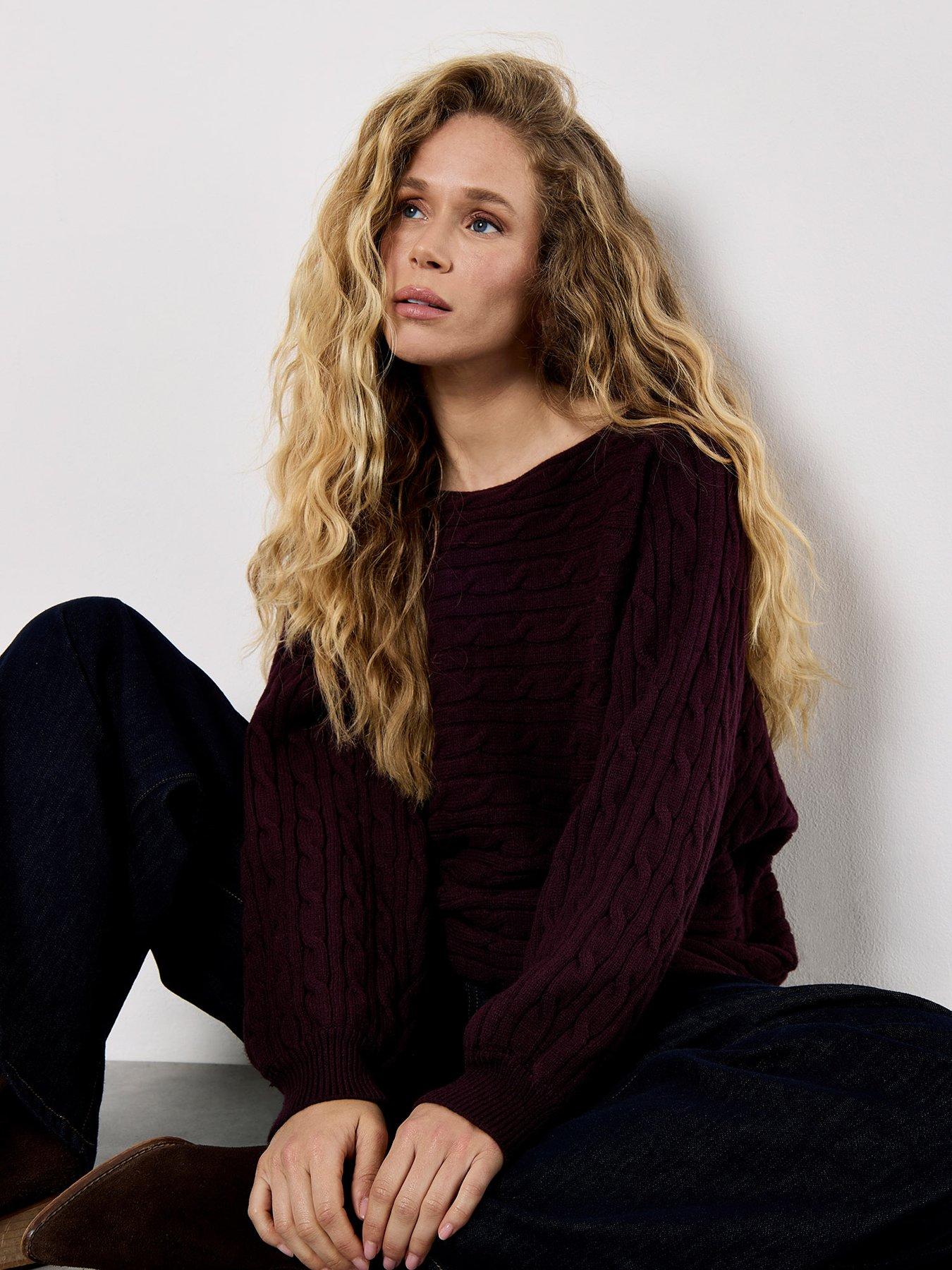 Image 5 of 5 of Apricot Cable Stripe Batwing Aran Knit Jumper - Purple