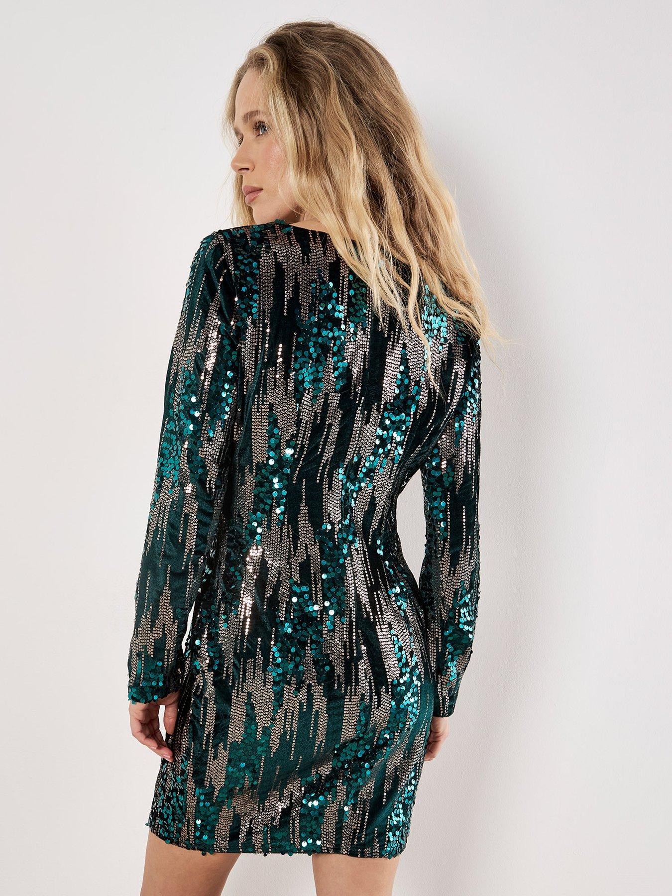 Image 2 of 4 of Apricot Mixed Sequin Long Sleeve Bodycon Dress - Green