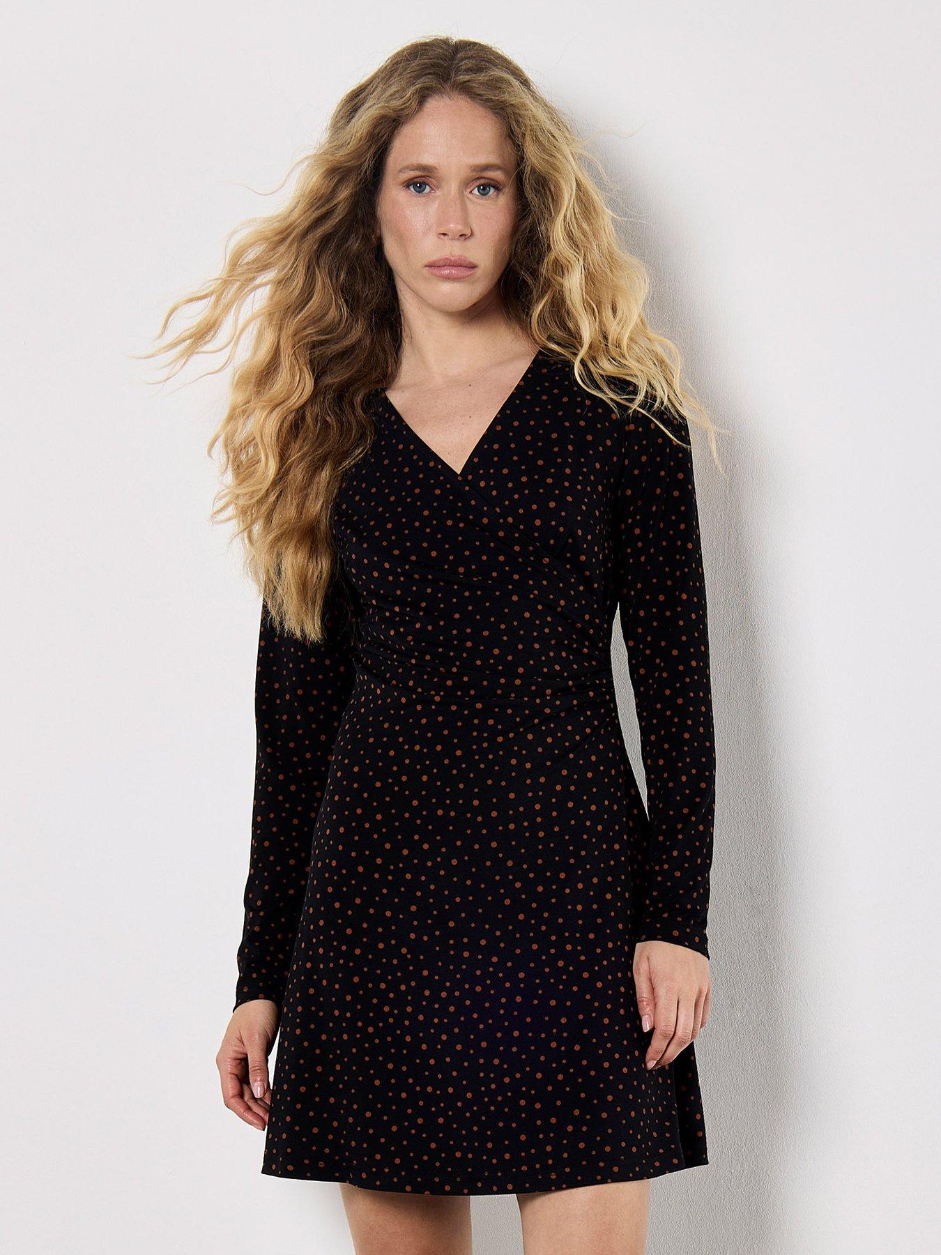 Apricot Assorted Dots Side Ruched Dress - Black