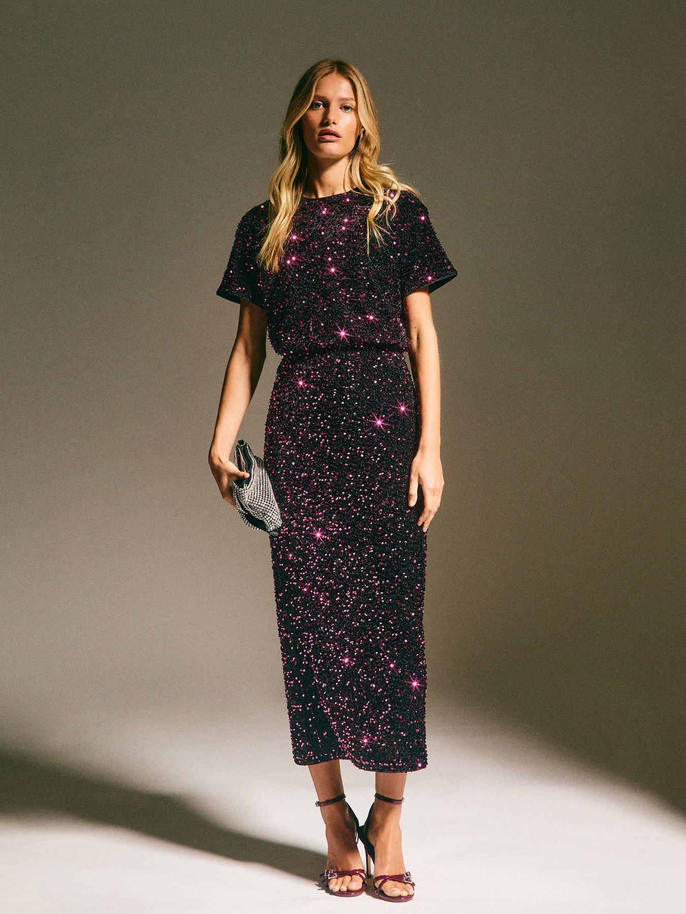 New Look Burgundy Velvet Sequin Embellished Midi Skirt