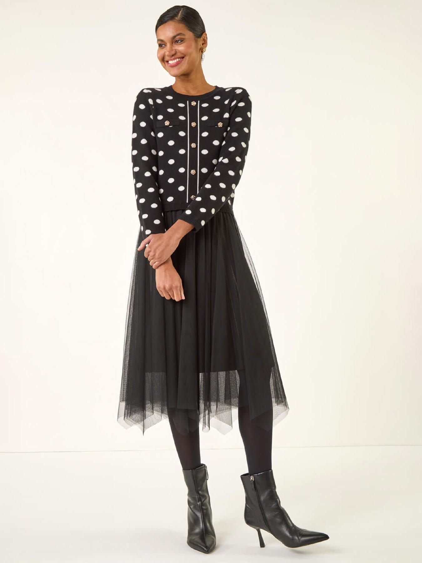 Image 1 of 5 of Roman Polka Dot Mesh Midi Dress - Black