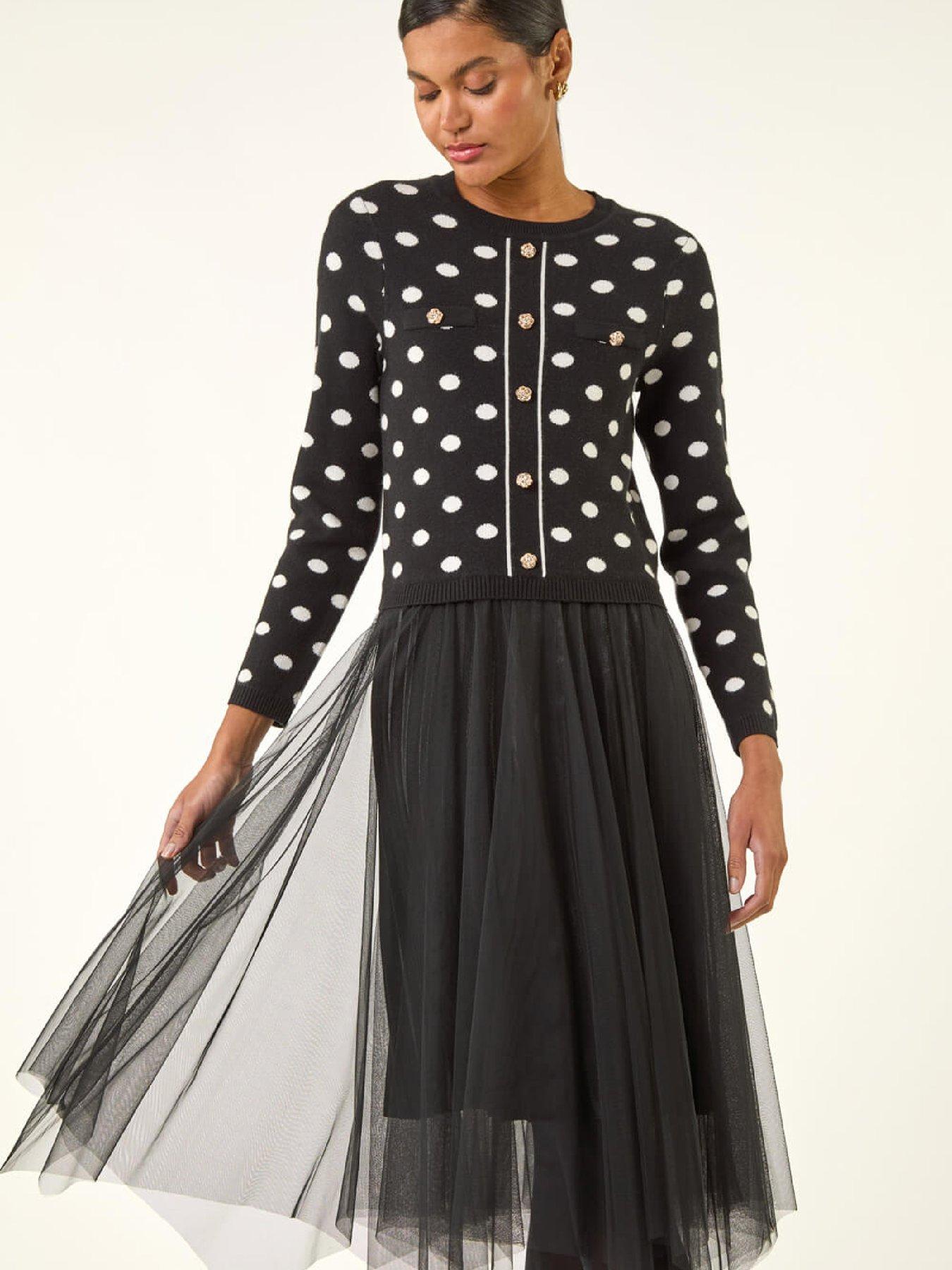 Image 3 of 5 of Roman Polka Dot Mesh Midi Dress - Black