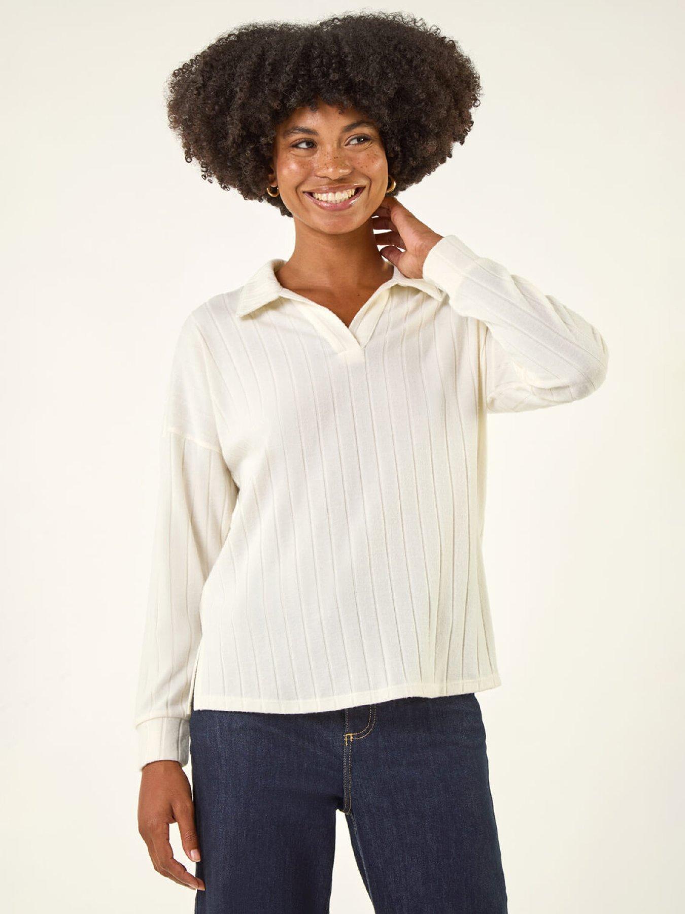Roman Ribbed Collared Stretch Top - White
