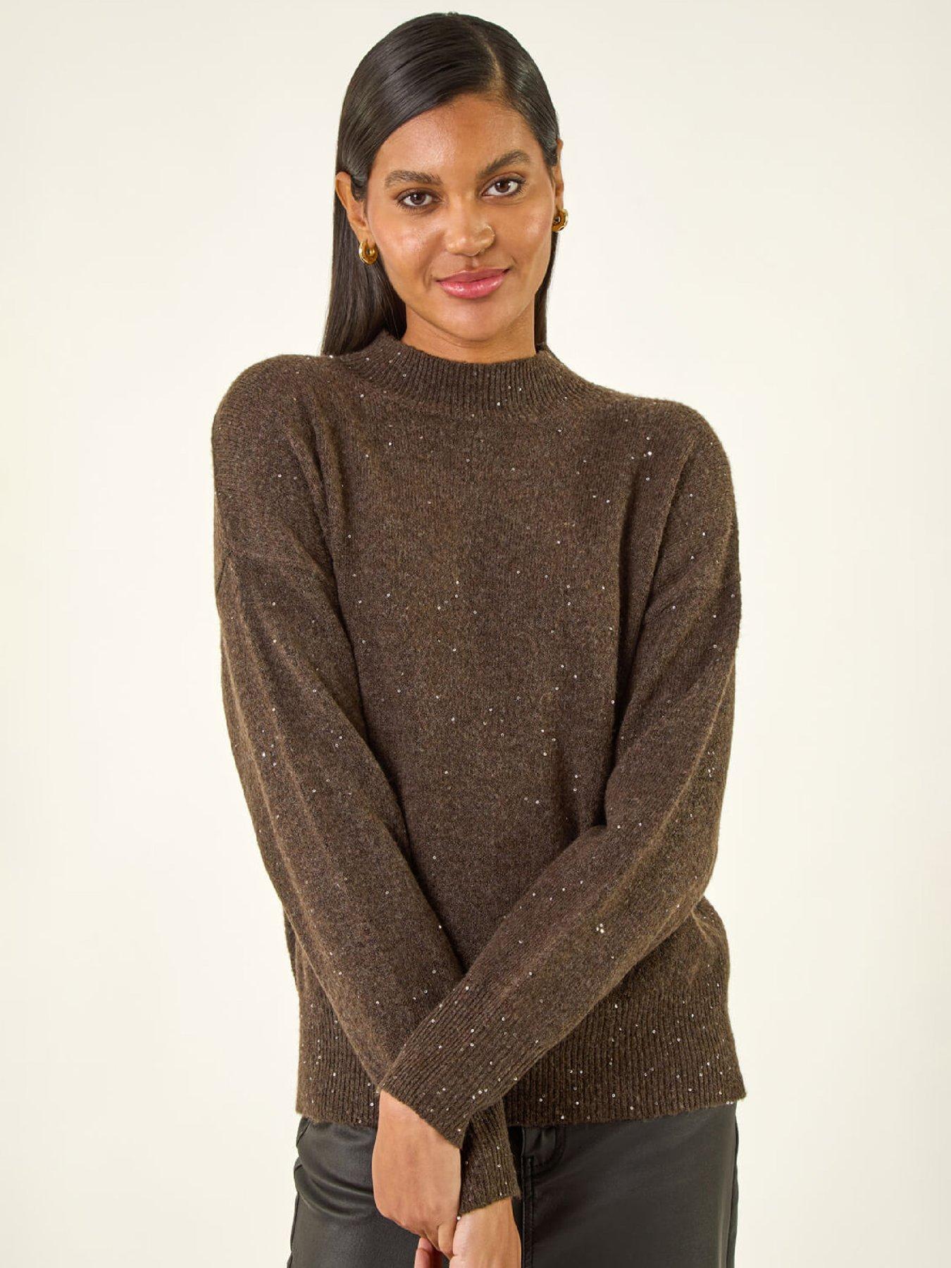 Image 1 of 5 of Roman Sequin High Neck Knit Jumper - Brown