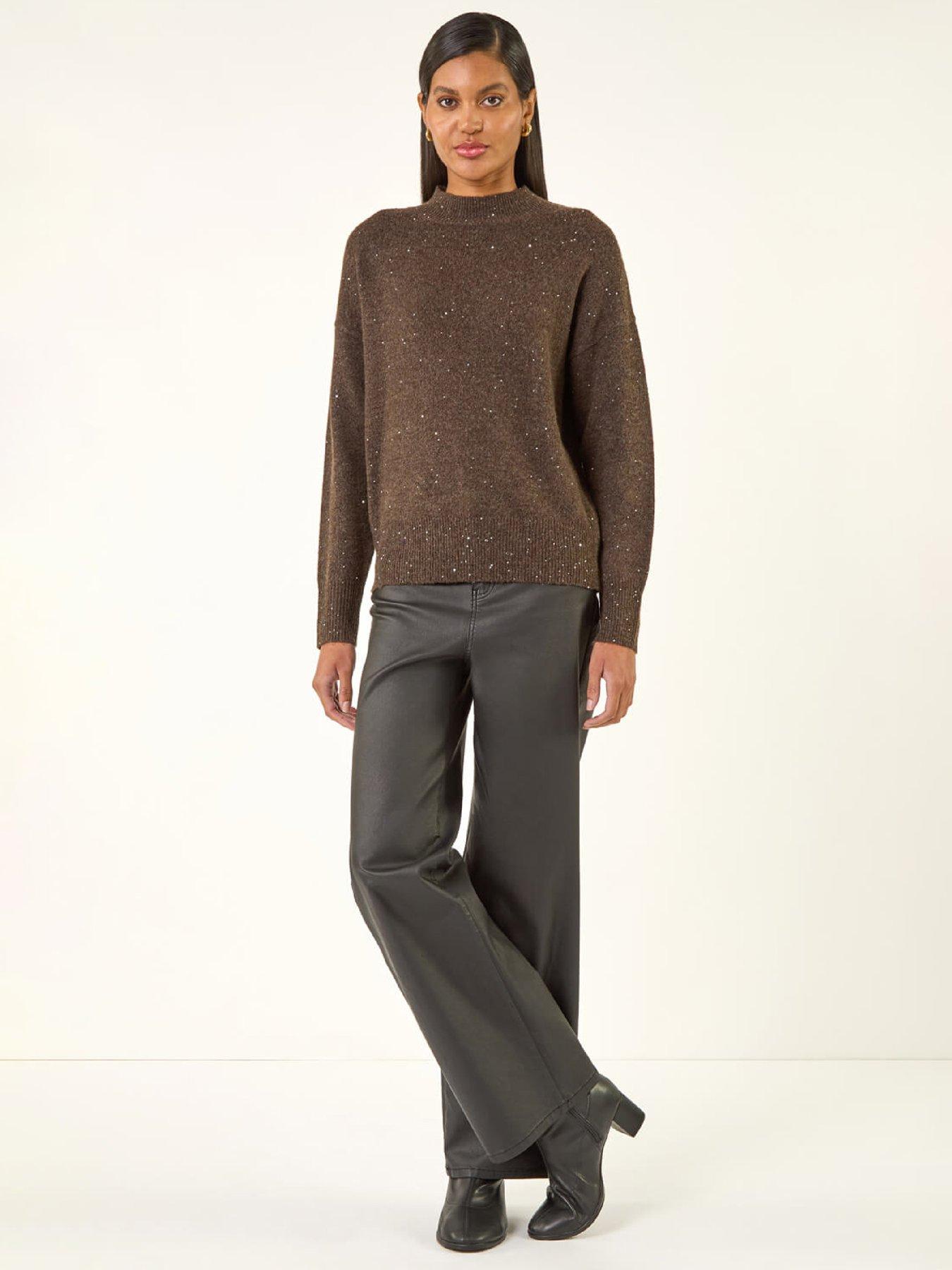 Image 3 of 5 of Roman Sequin High Neck Knit Jumper - Brown