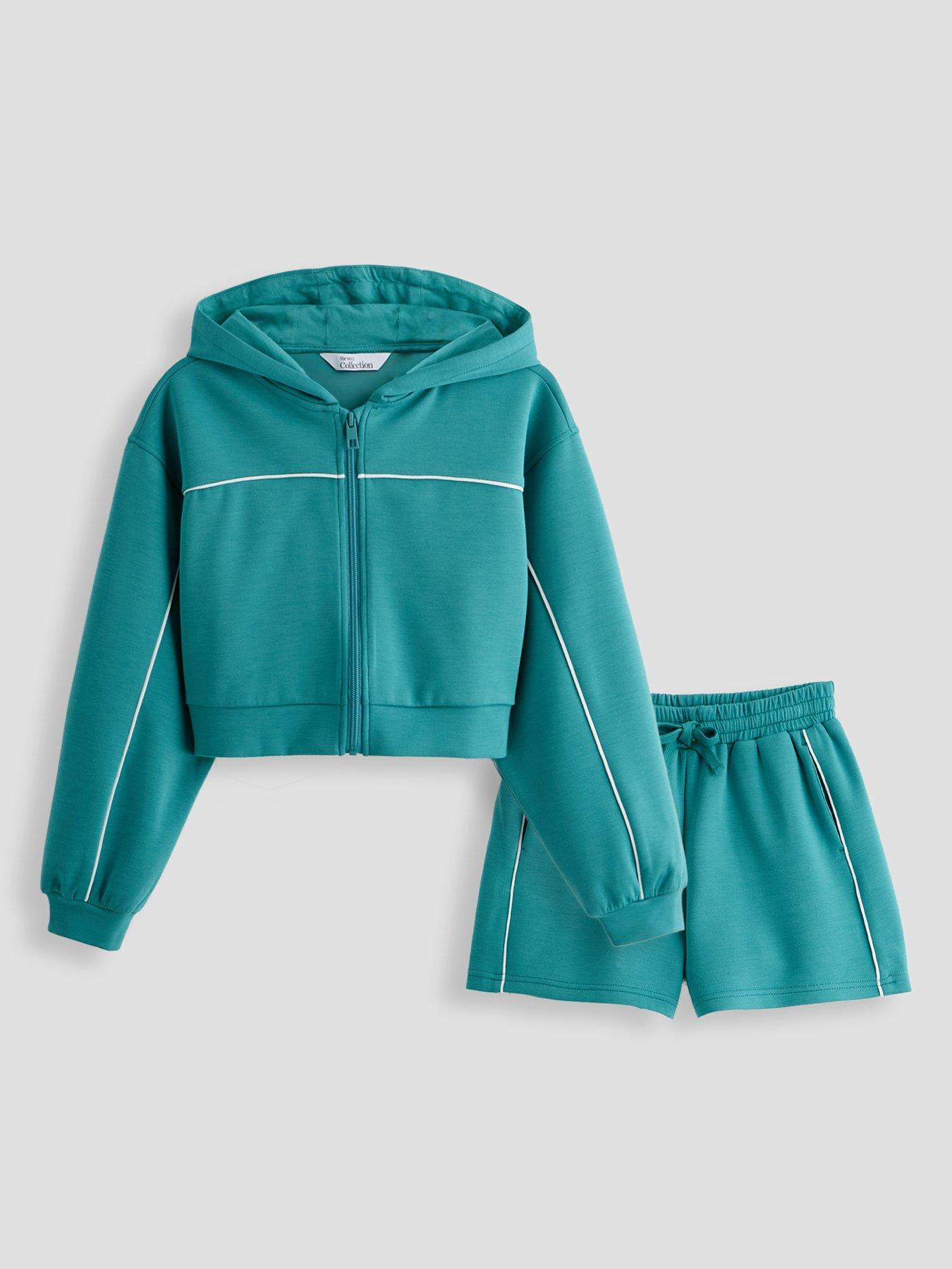 The Very Collection Girls Zip Up Soft Touch Hoodie And Shorts Set - Green