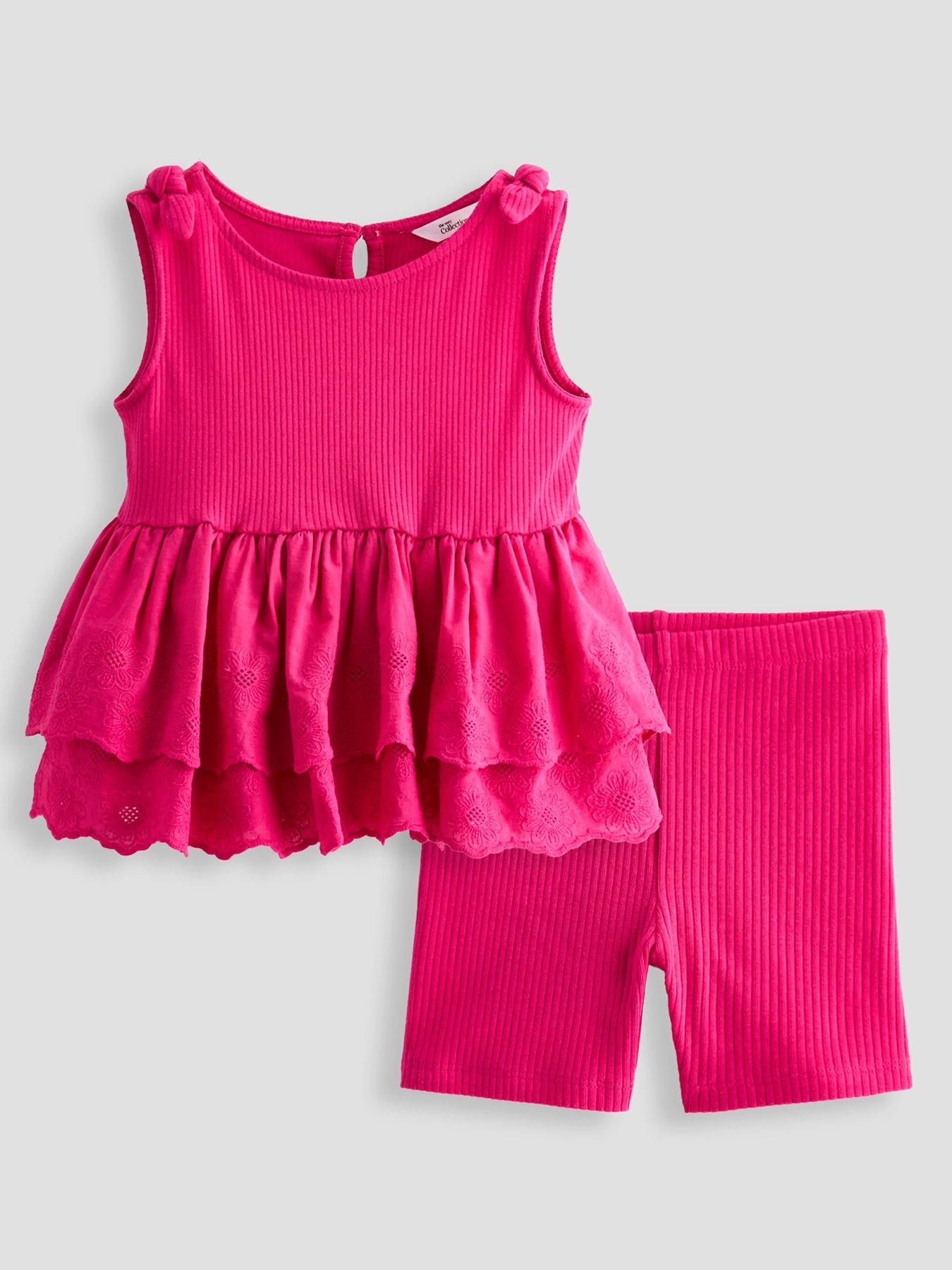 Image 1 of 5 of The Very Collection Girls Rib Broderie Frill Top &amp; Shorts Set - Pink
