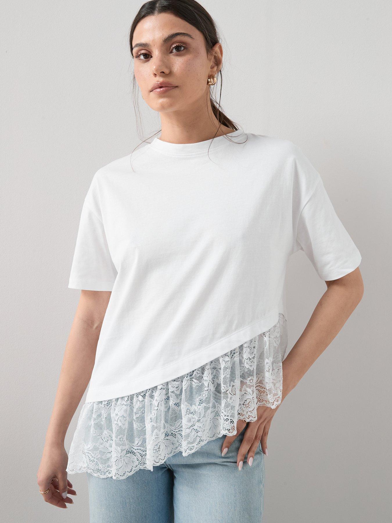 The Very Collection Lace Hem Asymmetric T-Shirt - White