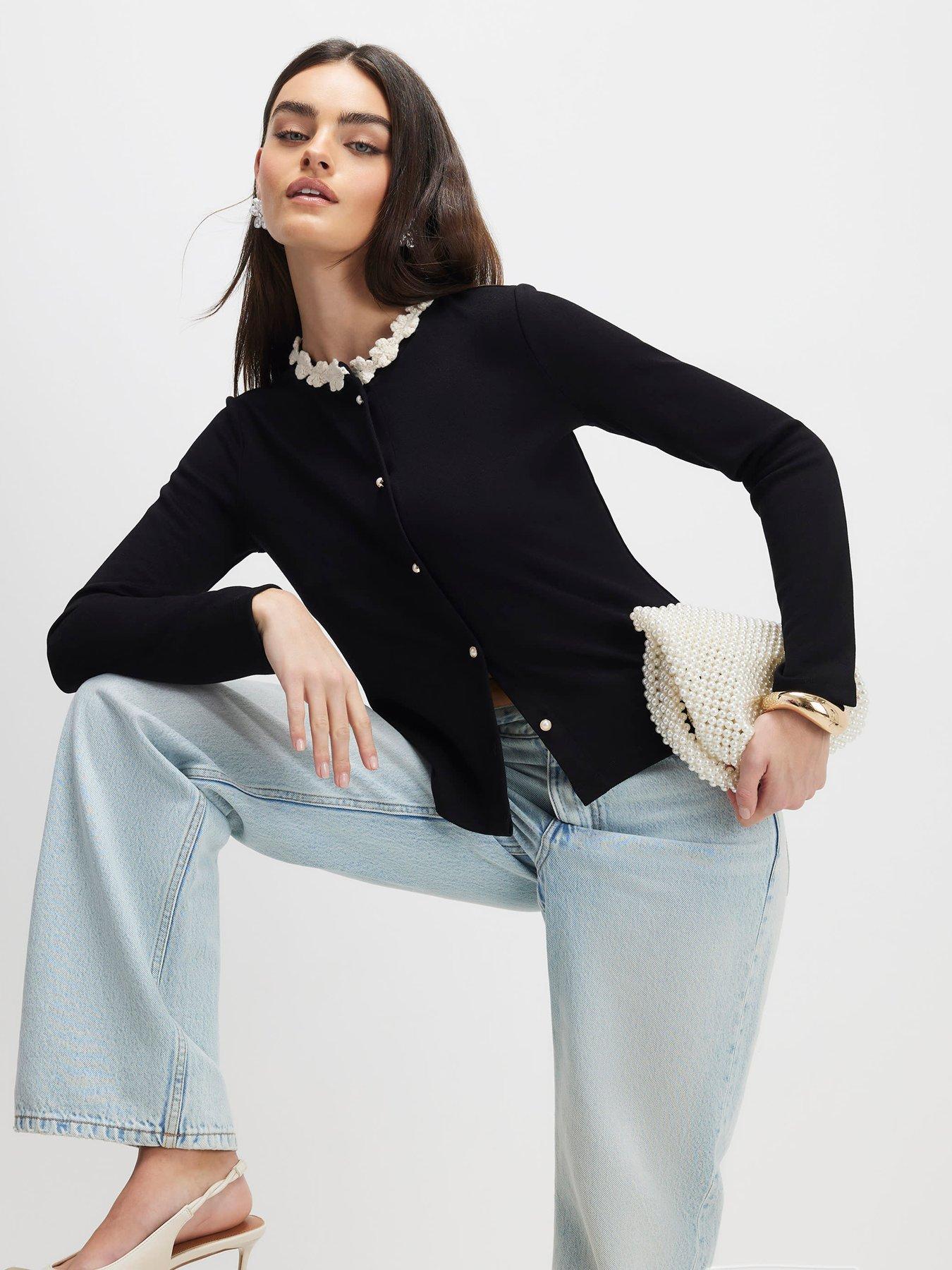 River Island Long Sleeve Tipped Flower Edge Top - Black