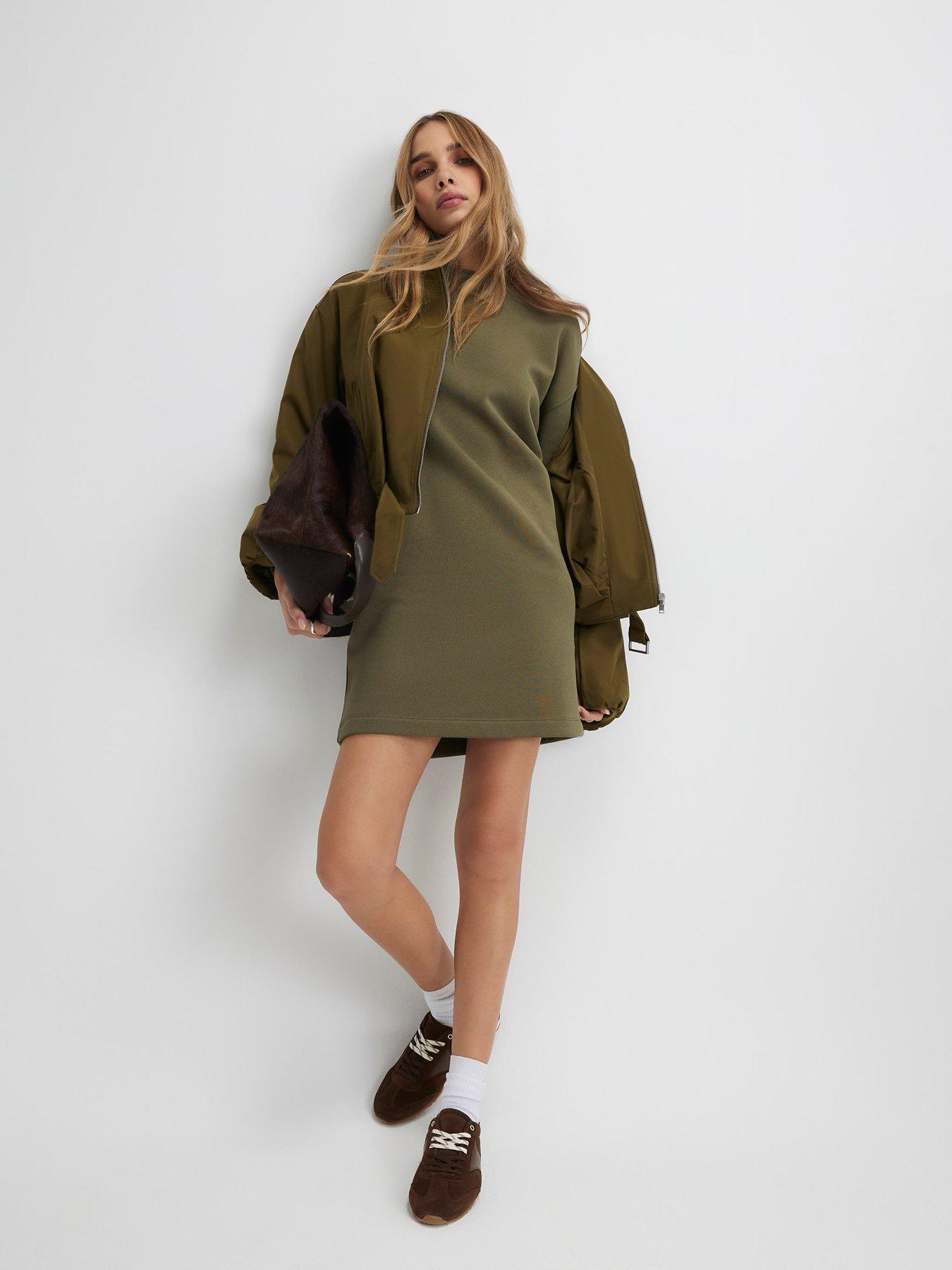 River Island Long Sleeve Plain Sweat Dress - Khaki