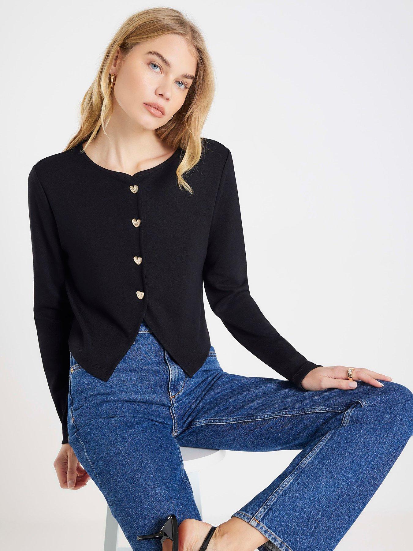 River Island Long Sleeve Cropped Heart Cardigan - Black