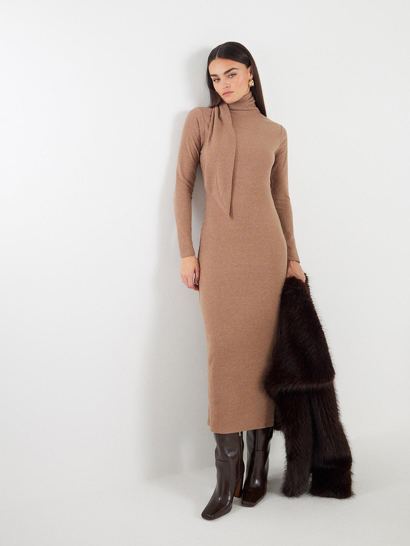 River Island Long Sleeve Scarf Tie Neck Dress - Brown | Very Ireland